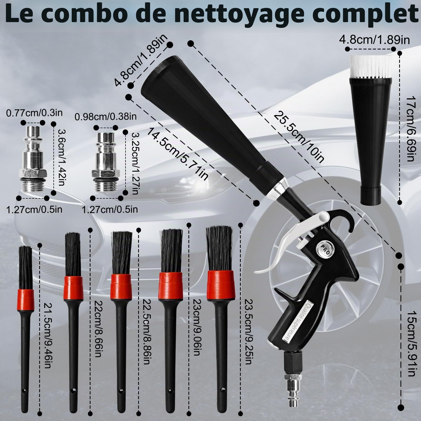 Pistolet de nettoyage de voiture,pistolet de nettoyage à air comprimé, pistolet à air sec,complet avec buse, serviette,brosse et adaptateur de raccordement,pour jantes,sièges,moteurs et autres zones