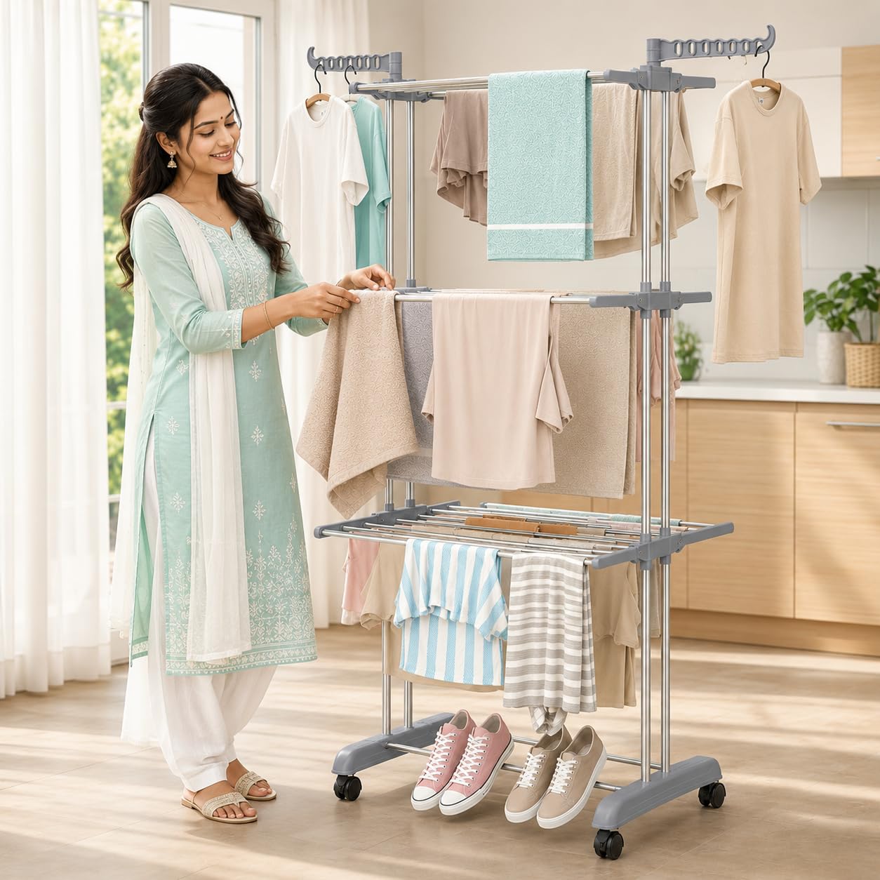 ZOLMIX® Premium Foldable Cloth Drying Stand Stainless Steel - 3 Tier Heavy Duty Clothes Dryer for Balcony, Indoor & Outdoor Use, Wheels & Hanger Slots Cloth Stand Anti Rust Laundry Rack - Grey-image-47