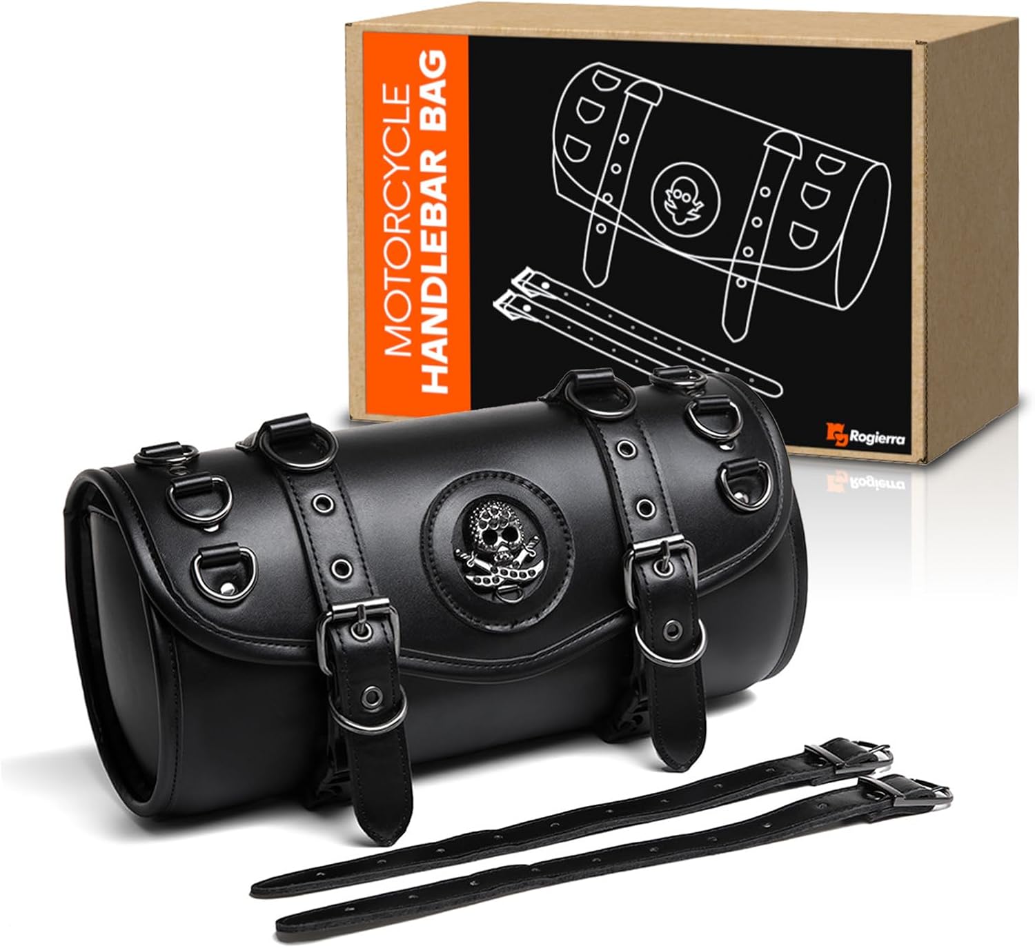 7.9L Motorcycle Tool Bag,Universal PU Leather Motorcycle Fork Bag Waterproof Handlebar Bag, 2 Mounting Straps, Metal Skull Bag