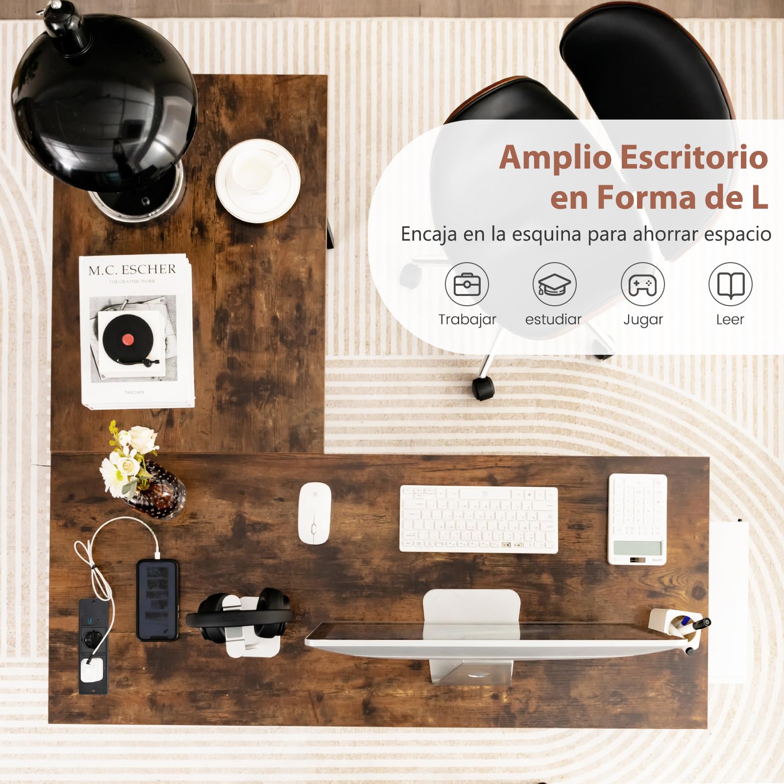COSTWAY Escritorio Esquinero 120 x 120cm, Tomas de Corriente y Puertos USB, Escritorio en L con 2 Estantería, Estructura de Metal, Mesa Gaming L Oficina Casa (café)