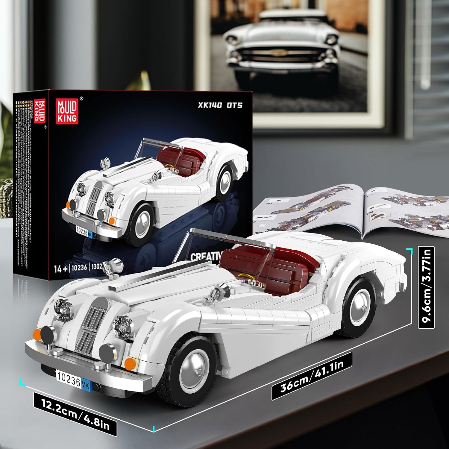 Mould King 10236 MOC Vintage Convertible Sports Car Model Clamps Kit, MOC Vintage Car Model Clamps Kit for Adult Collectors (1302+ Pieces)