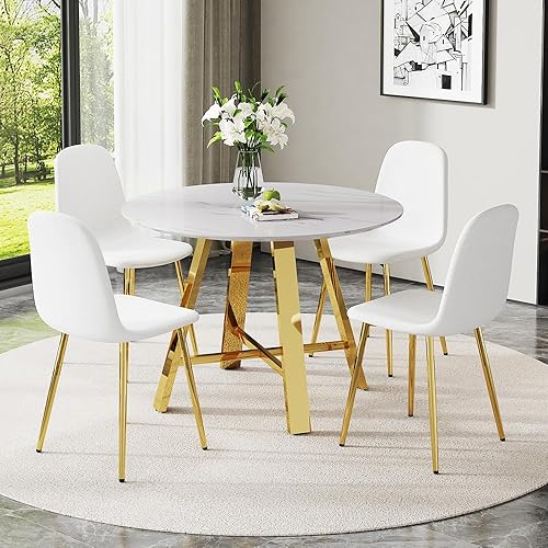 Miniatura 17 de Juego de 4 mesas de comedor redondas de 42 pulgadas para 4, juego de sillas de mesa de cocina modernas para 4 mesas de comedor de mármol sintético,