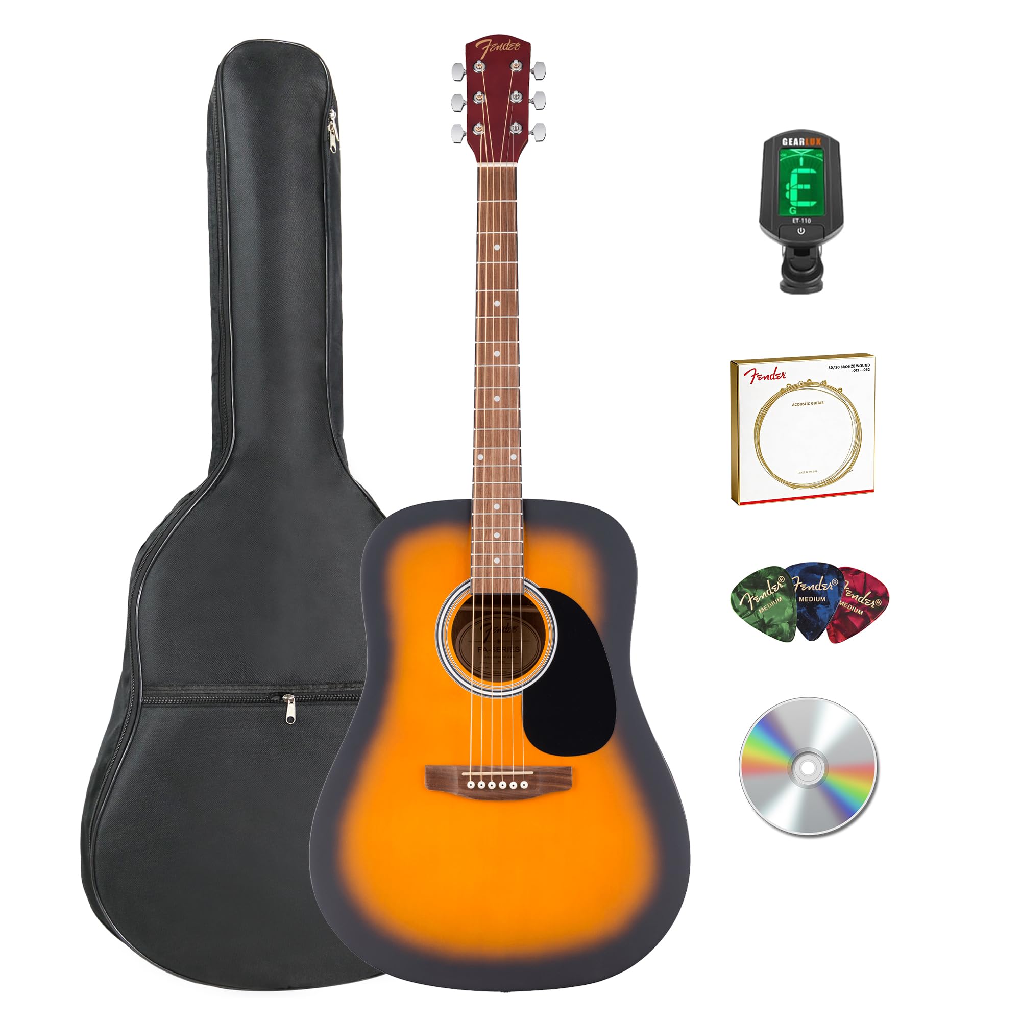FA Series Dreadnought Acoustic Guitar - Sunburst Bundle with Gig Bag, Tuner, Strings, Picks, and Austin Bazaar Instructional DVD
