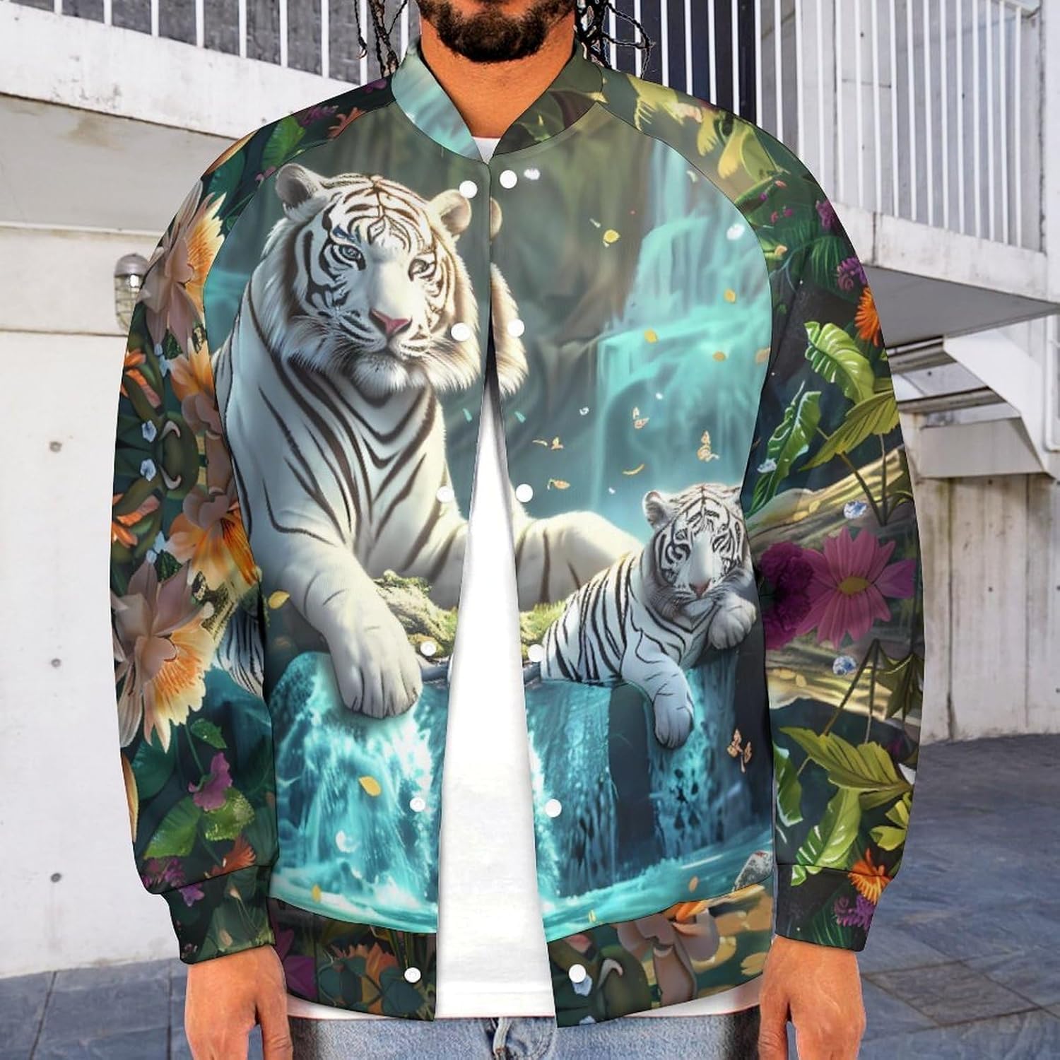 White Tiger Waterfalls Novelty Men's Baseball Jackets Causal Sweatshirt Button Top Long Sleeve Coat