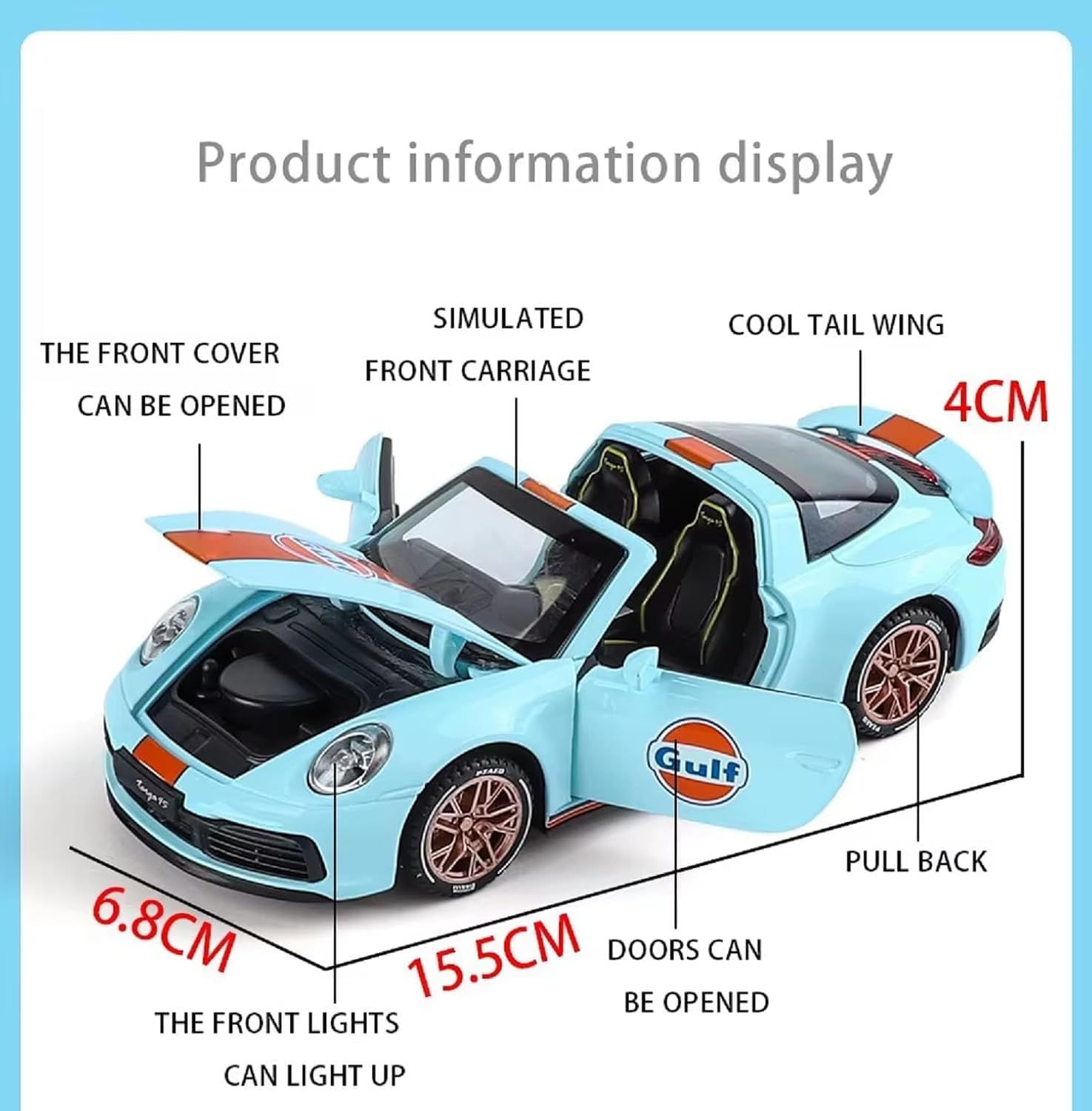 Umadiya® Porschee 911 Targa 4S Toy Car 1:32 Exclusive Alloy Metal Pull Back Die-cast Car Metal Pullback Toy car with Openable Doors & Light, Music Boys Gifts Toys for Kids【Colors as Per Stock】 — Amazon image 2