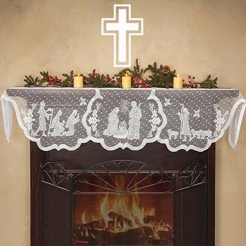 Christmas Mantle Scarf for Fireplace - White Lace Nativity Mantle Cover Garland Runner for Holiday Home Living Room Decorations Xmas Christian Jesus Decorations Indoor