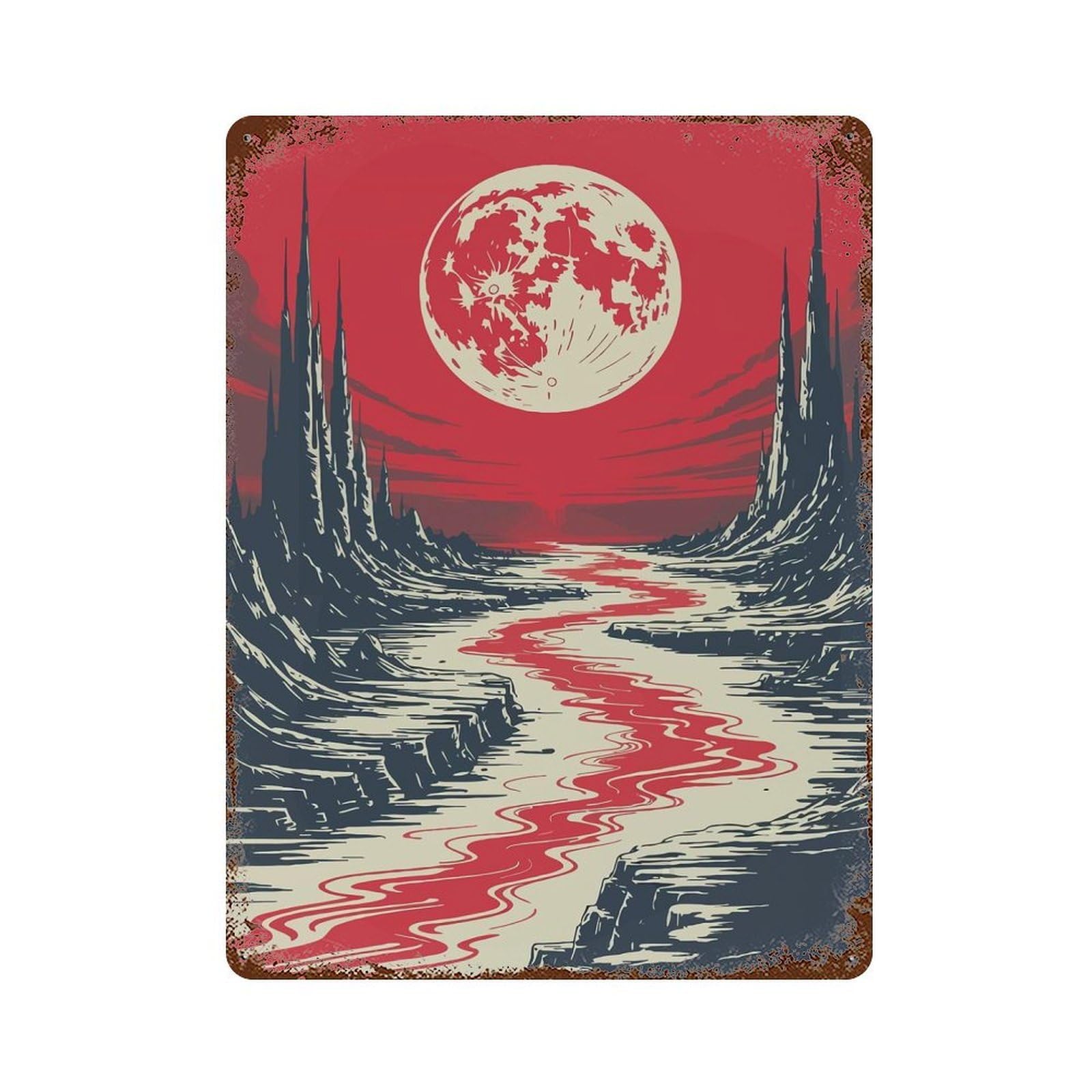 Red Moon Fantasy Landscape Rusty Metal Tin Sign 15.7"x11.8", for Farmhouse, Kitchen And Entryway Decor, Rustic Home Decor