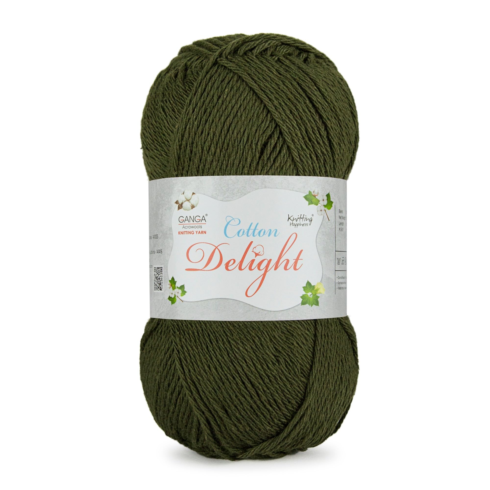 Ganga Acrowools Cotton Delight, Dk Weight Cotton Yarn, Oekotex Class L Certified 100G, 169M (Olive)