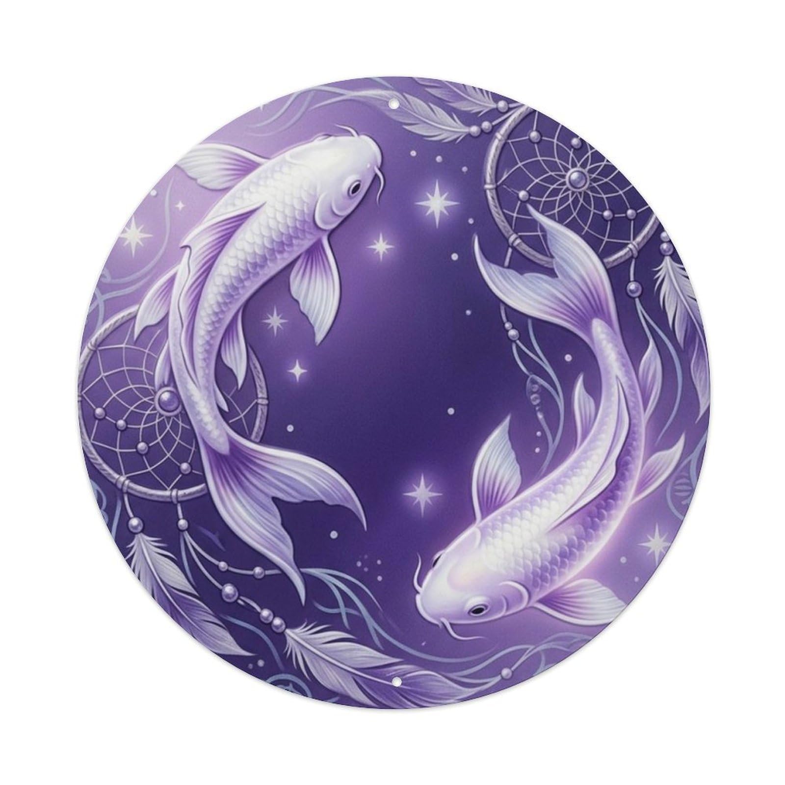 Fqcyn Style Koi Fish Violet Twilight Dream Bedroom Metal Tin Sign Plaque Wall Decor For Cafe, Club Bar, Office, Home Garden Round Metal Poster 8X8inch