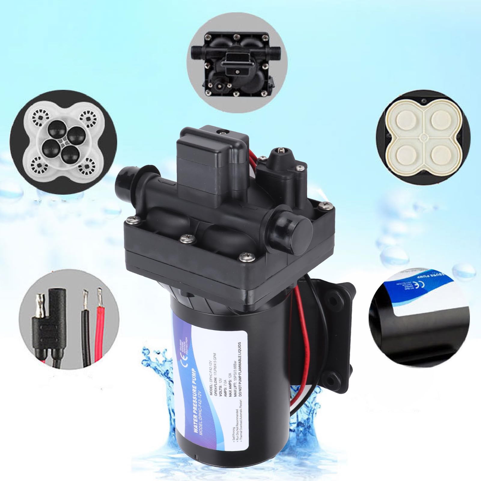 Pompa RV, samozasysająca pompa ciśnieniowa wody RV 12 V 4,5 GPM 60 PSI Przełącznik ciśnieniowy Auto Start Stop Długość podnoszenia 30 m dla opryskiwacza jachtu RV Pojazd do