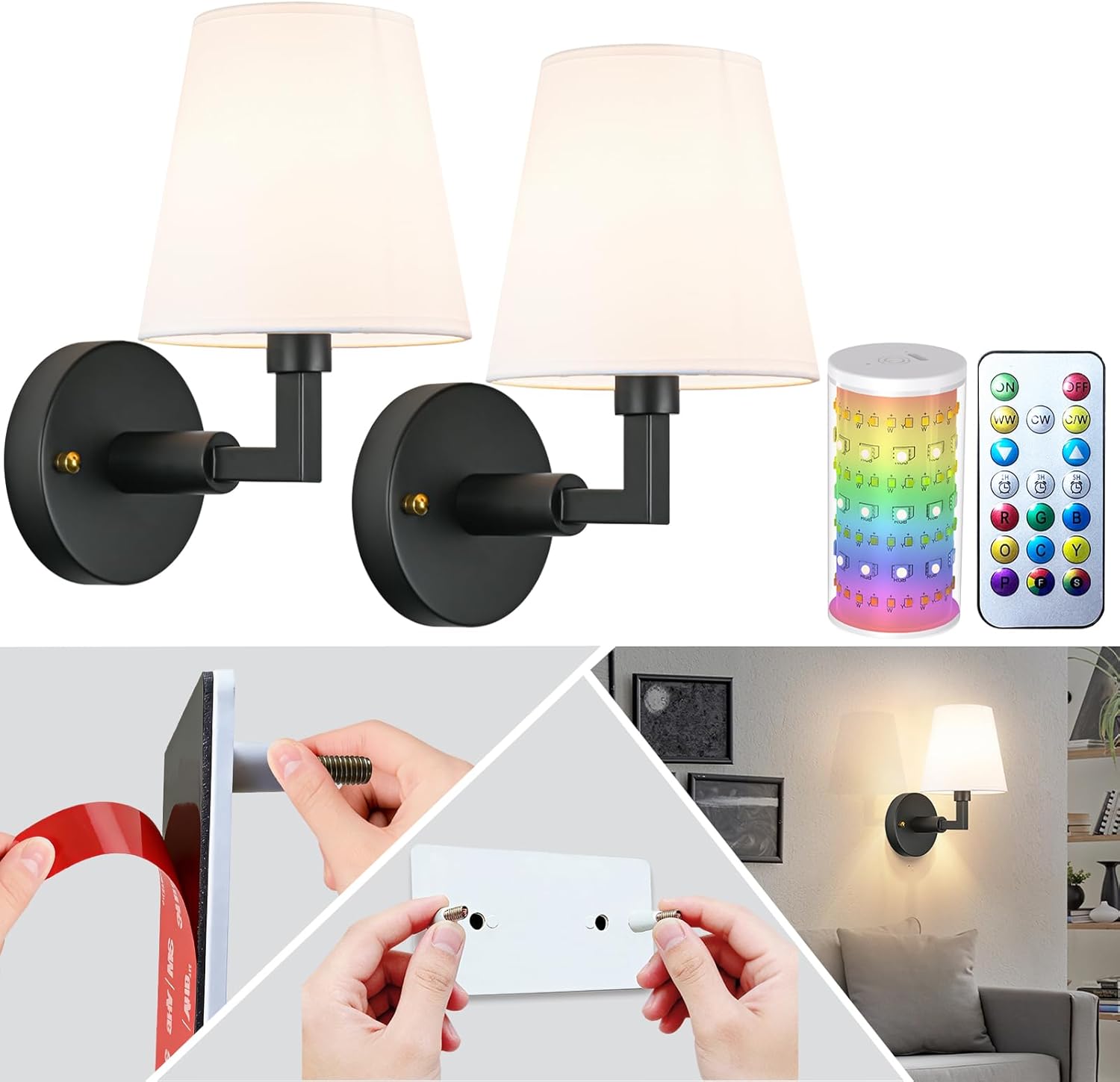 Peel and Stick Wall Sconces, Stick On Wall Sconces Battery Operated, Wireless Adhesive Wall Sconce with 10000mAh Battery Corn Bulb, No Drilling Wall Lamp for Bedroom Living Room