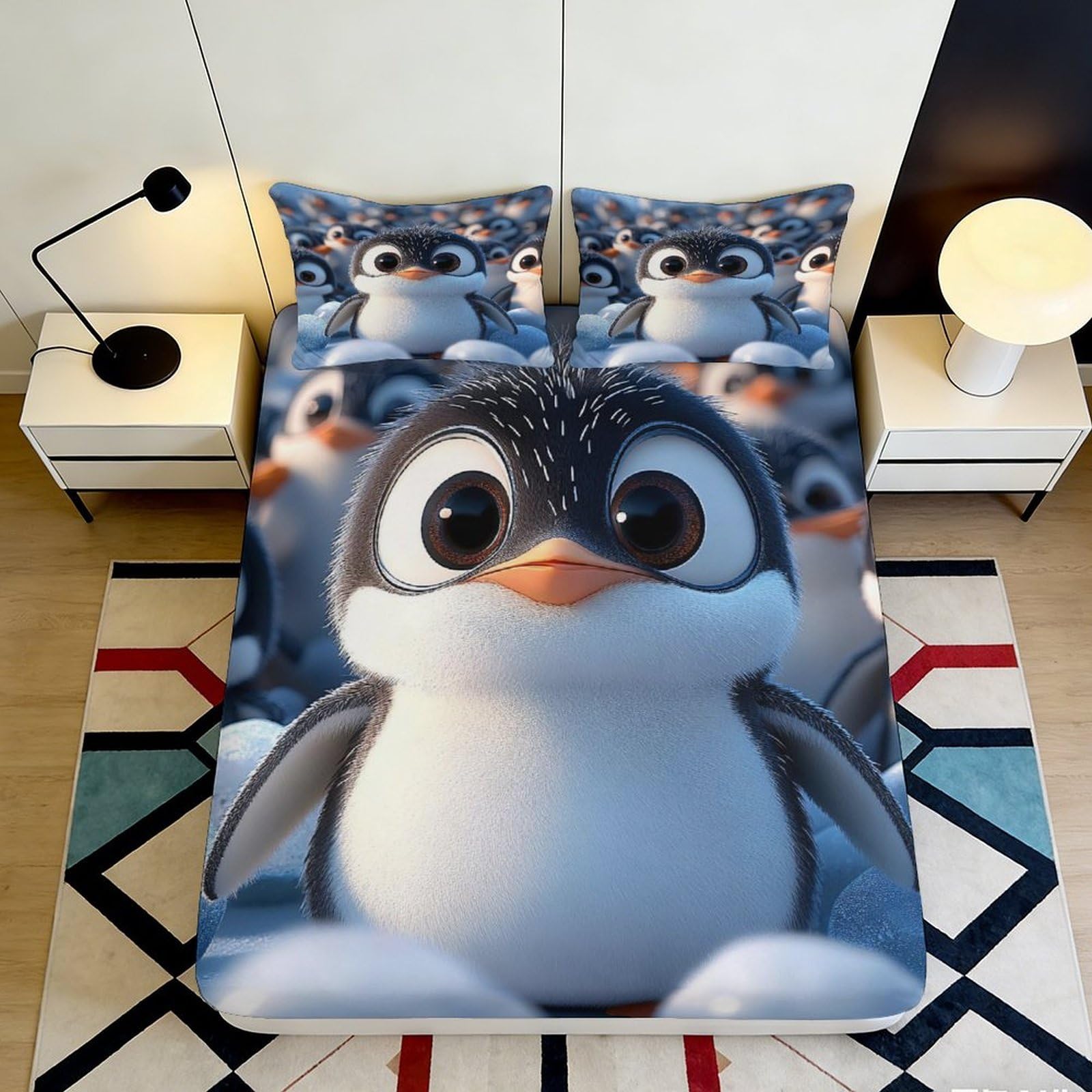 3D Printed Cute Penguin Fitted Sheet Microfiber Cartoon Animal Bed Cover for Bedroom Dorm Mattress Decor Protection 90x200x25cm
