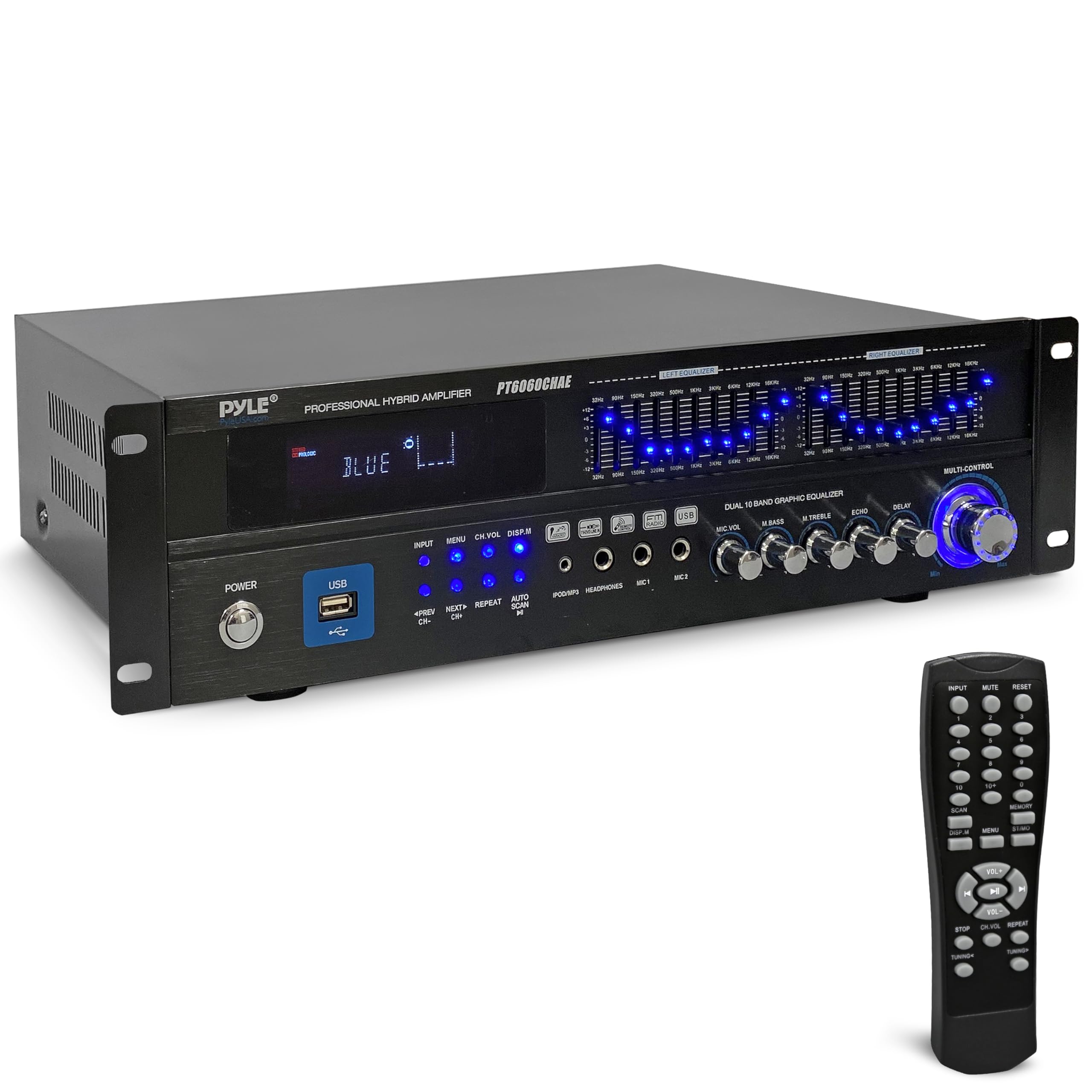 Bluetooth Hybrid Home Amplifier - 6-Channel 2000W Rack Mount Power Amplifier Receiver w/ Radio - Dual 10 Band EQ, Karaoke Microphone x2, USB, RCA, COAX, OPT, DVD Inputs, HiDef Input and Output
