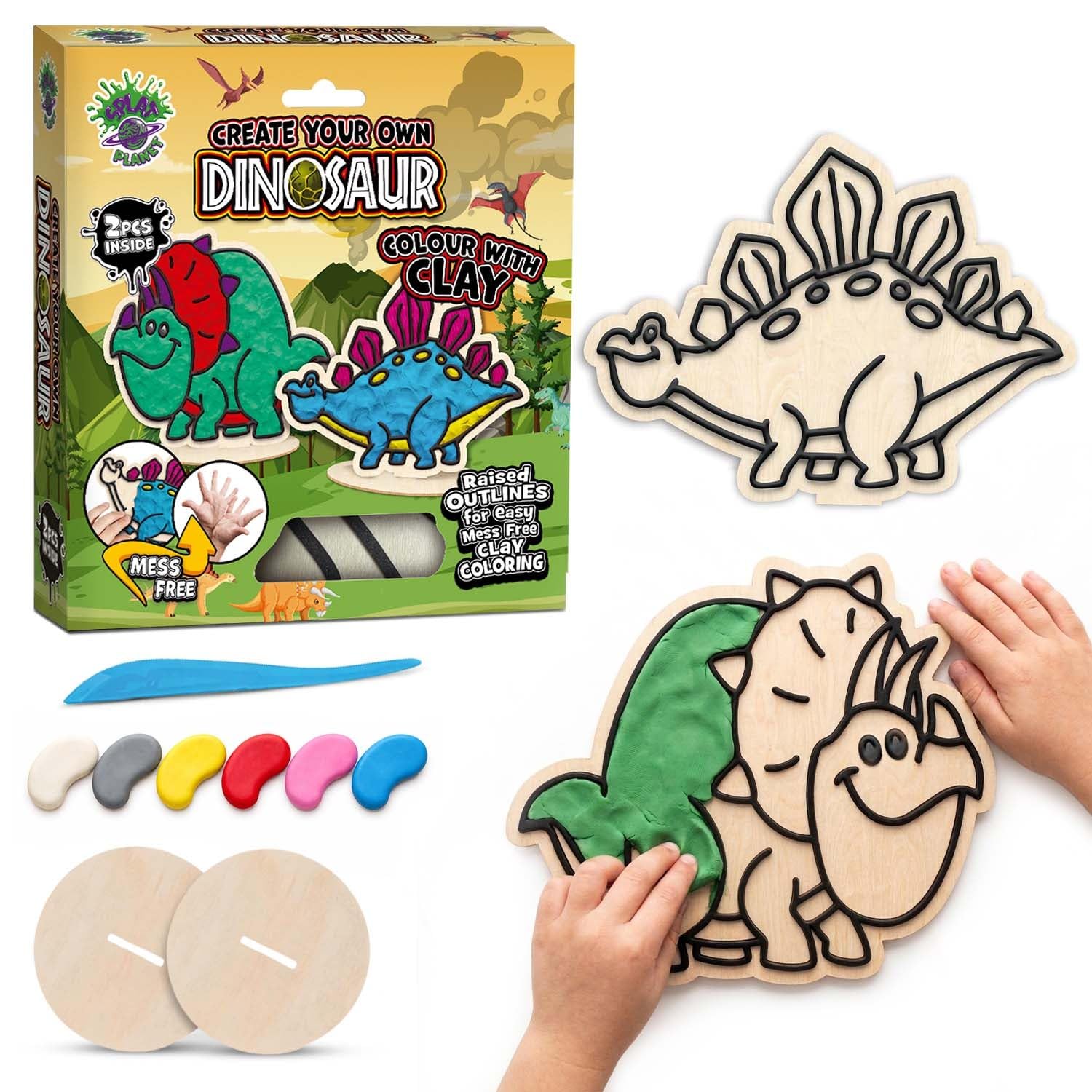 Splat Planet Dinosaur Clay Colouring Kit for Kids – 2 PK DIY 3D Art Craft Kit with Air-Dry Clay, Mess Free Clay Colouring, Creative Kids Arts and Crafts Activity Set, Dinosaur Craft Gift.