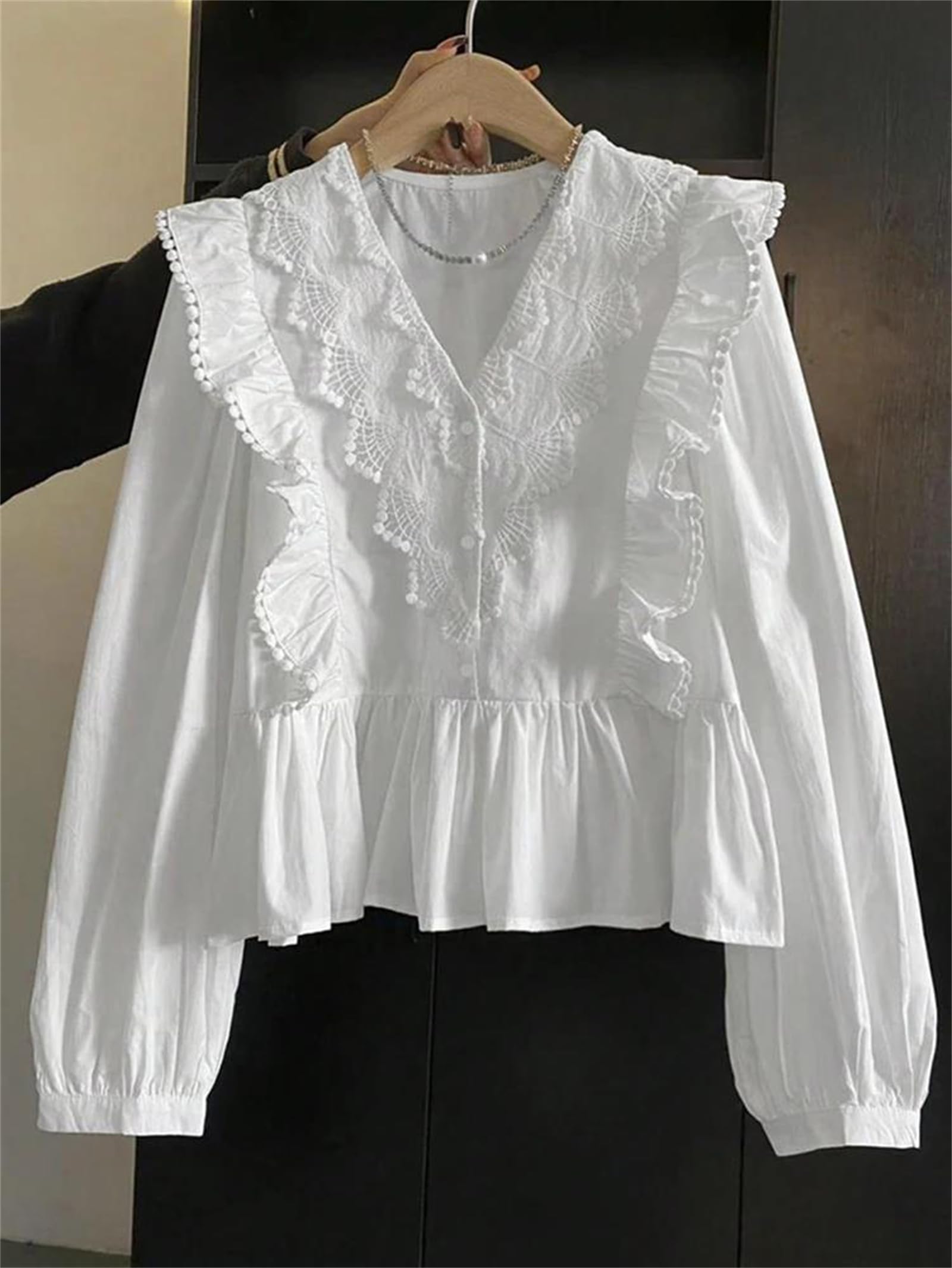Genérico Blusa de Gasa con Cuello en V y Volantes de Manga Larga con Encaje y Patchwork para Mujer, Elegante Blusa de Oficina (Color Burdeos Mediano)