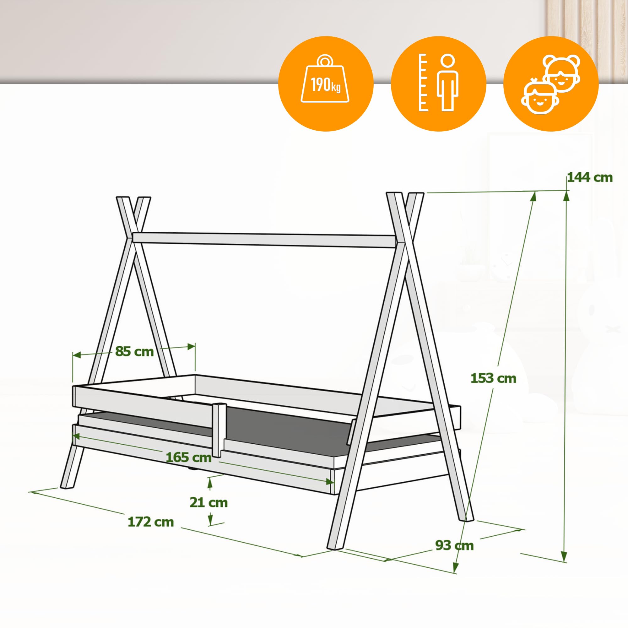 Łóżko dziecięce Tipi 80x160 cm - łóżko z drewna sosnowego z wysuwanym łóżkiem i barierką ochronną - łóżko domek dla dziewczynek i chłopców - zaokrąglone krawędzie