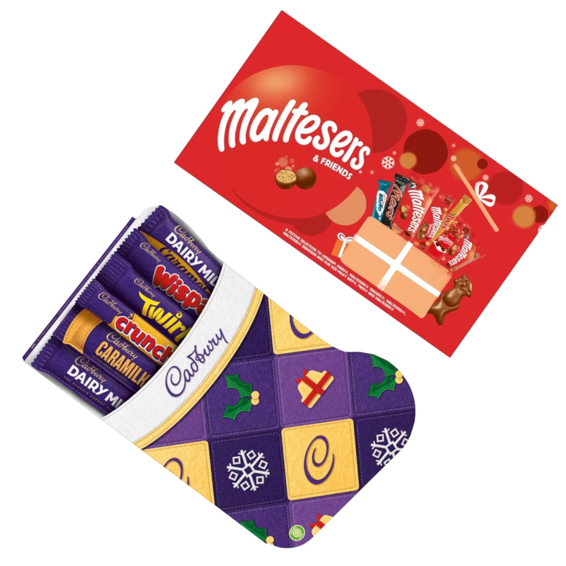 Fun and Festive Christmas Chocolate Selection Box Bundle - with Maltesers & Friends 207g and Cadburys Christmas Stocking Selection 170g - Classic Sweets for Sharing & Gifting