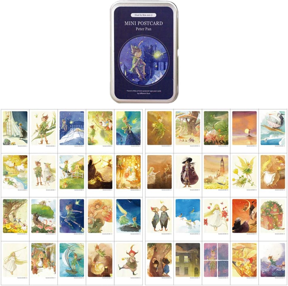 Illustrated Mini Card 40 Greeting Cards per Tin Case Decorative & Message Card Set of 40 sheets 2.17" x 3.35" (Peter Pan)