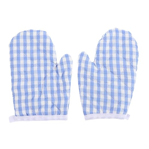 2Pcs Kids Oven Mitts for Children Play Kitchen, Microwave Oven Gloves Kitchen Baking Mitts, Red Checkered Heat Resistant Kitchen Mitts for Safe Backing Cooking BBQ (Sky- Blue Checkered)