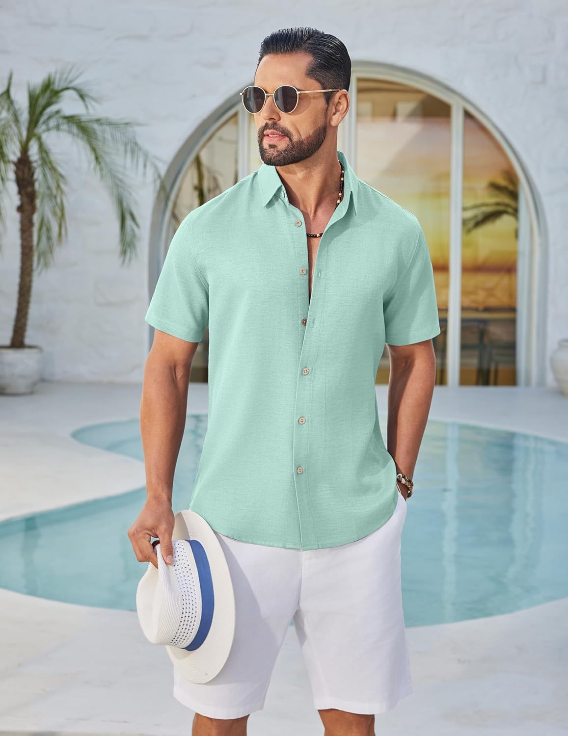 COOFANDY Mens Button Down Shirt Short Sleeve Casual Shirts Linen Textured Summer Beach Shirts - Image 2