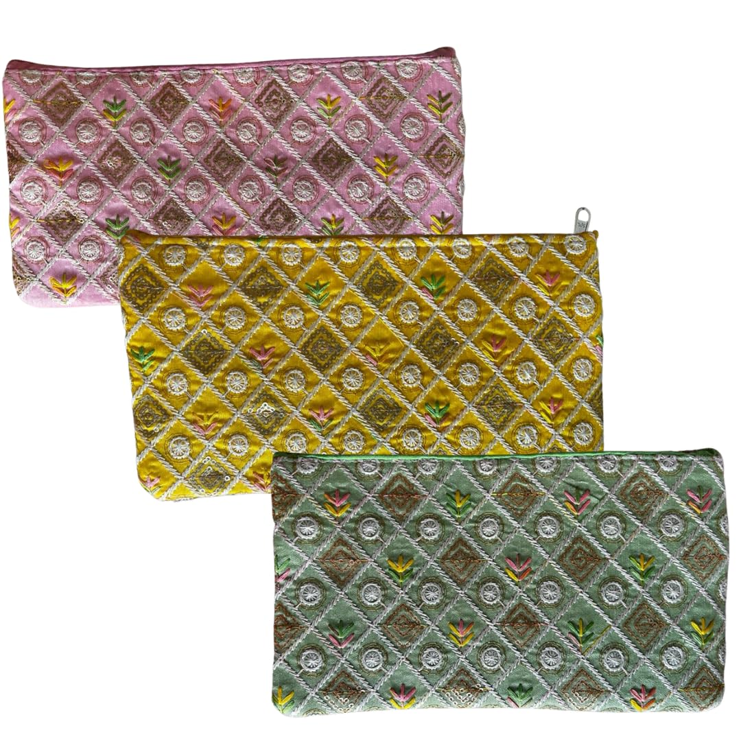 Premium Embellished Ethnic Design Zipper Pouch | Magenta, Cream, Pista Green | Set of 3 | Ethnic Wedding Gift, Makeup, Coin & Travel Organizer-image-0