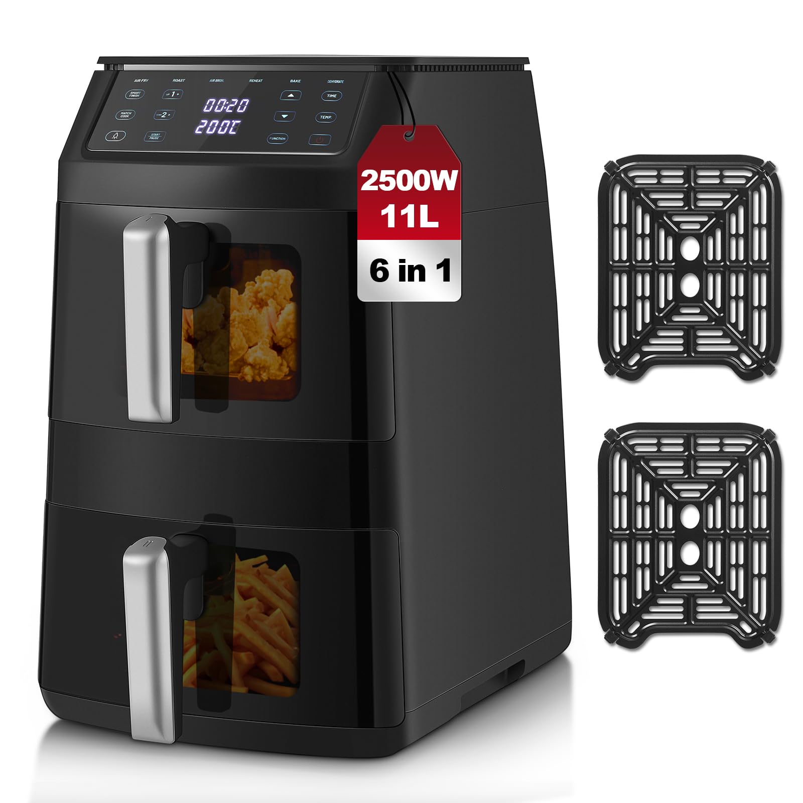 TopStrong Friggitrice ad Aria Doppio Cestello, 11 Litri Air Fryer Verticale 2 Cestelli con Finestra, 40-220℃, 6 Funzioni, Compatta, 2500W, Fino a 8 Persone, Componenti Lavabili in Lavastoviglie