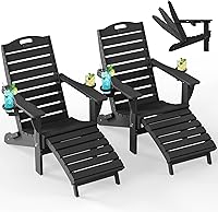 Vista 21 de Ciokea Juego de 2 sillas plegables Adirondack con otomano retráctil para hoguera, silla de patio con reposapiés extraíble, resistente a