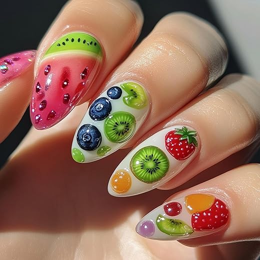 Summer Fruit Press on Nails Medium Almond Fake Nails Watermelon Strawberry Blueberry Design False Nails Cute Acrylic Nails Colorful Fruits Stick on Nails Glue on Nails for Women 24Pcs