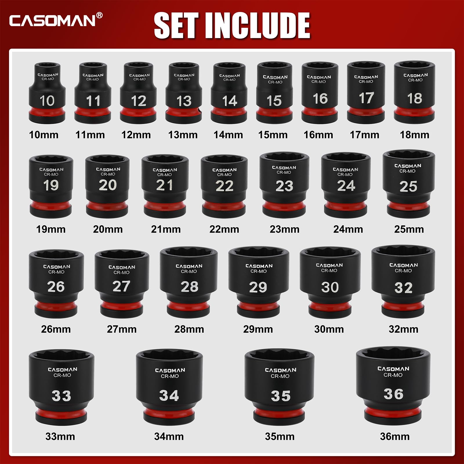 CASOMAN Set di 26 chiavi a bussola a percussione standard da 1/2", 12 punti, metriche, 10-36 mm, in acciaio CR-MO, con custodia