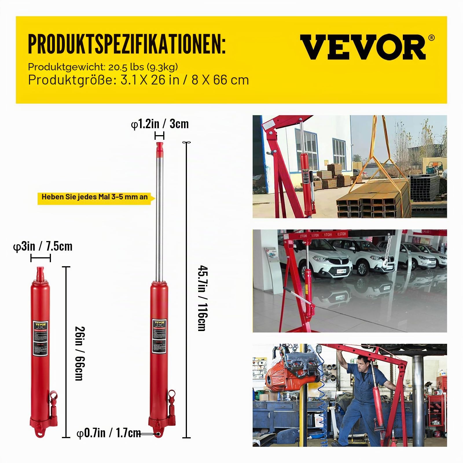 VEVOR Hydraulischer Langer Rammenheber, 8 Tonnen/17363 lbs Kapazität, mit Einzelkolbenpumpe und Gabelkopfsockel, manueller Hubarbeitsbühnenheber mit Griff, für Garagen-/Ladenkräne, Motorhubwerk, rot