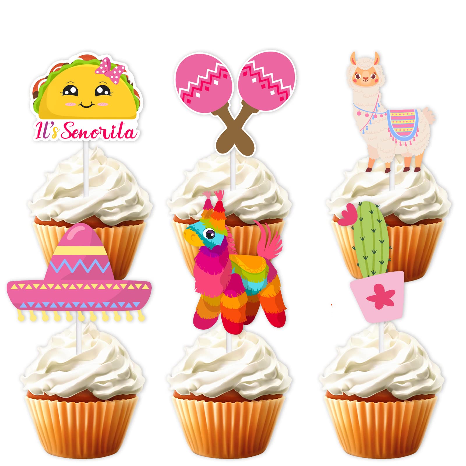 18pcs Pink Glitter It’s Senorita Cute Taco Bout Dessert Cupcake Topper Mexican Yummy Food Fiesta Festival Theme Decor Supplies Baby Shower Gender Reveal Birthday Party Decorations