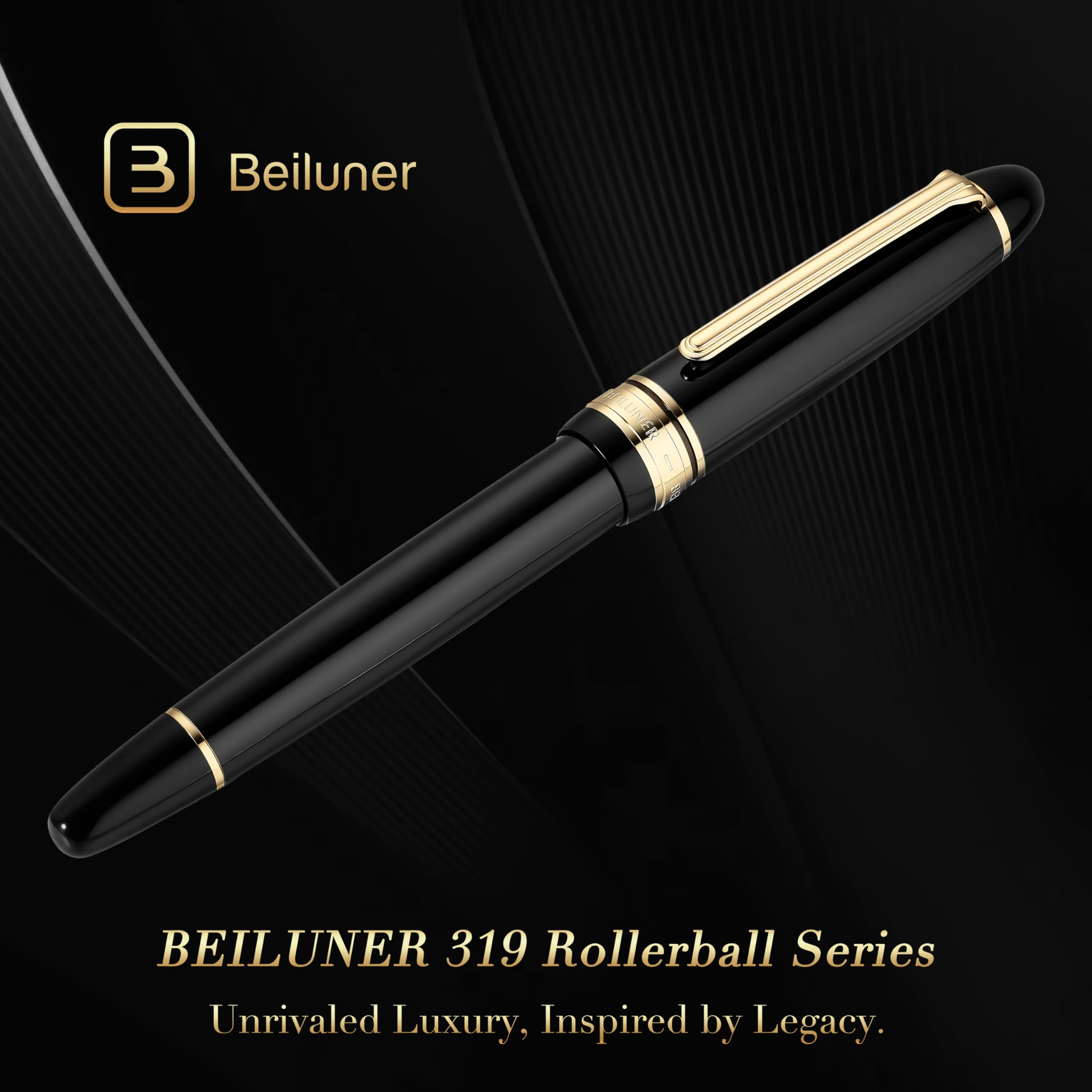 BEILUNER 319 Piano Black Lacquer Rollerball - Stunning Luxury Pen with 24K Gold Heavy Schneider Black Ink Refill — view 7