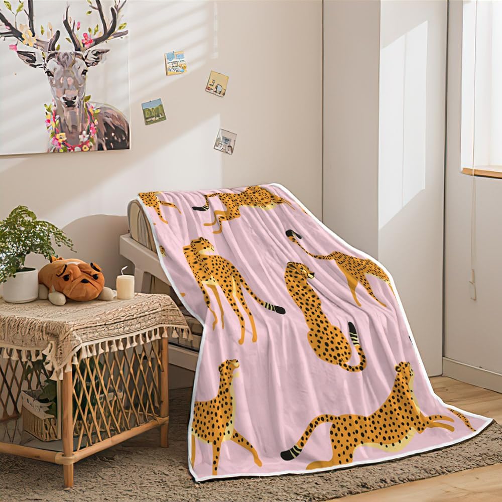 Pink Leopard Throw Blankets, Pink Tropical Animal Cheetah Cozy Warm Bed Couch Blanket,White Fleece Flannel Throws to Decorate The Room Bedroom