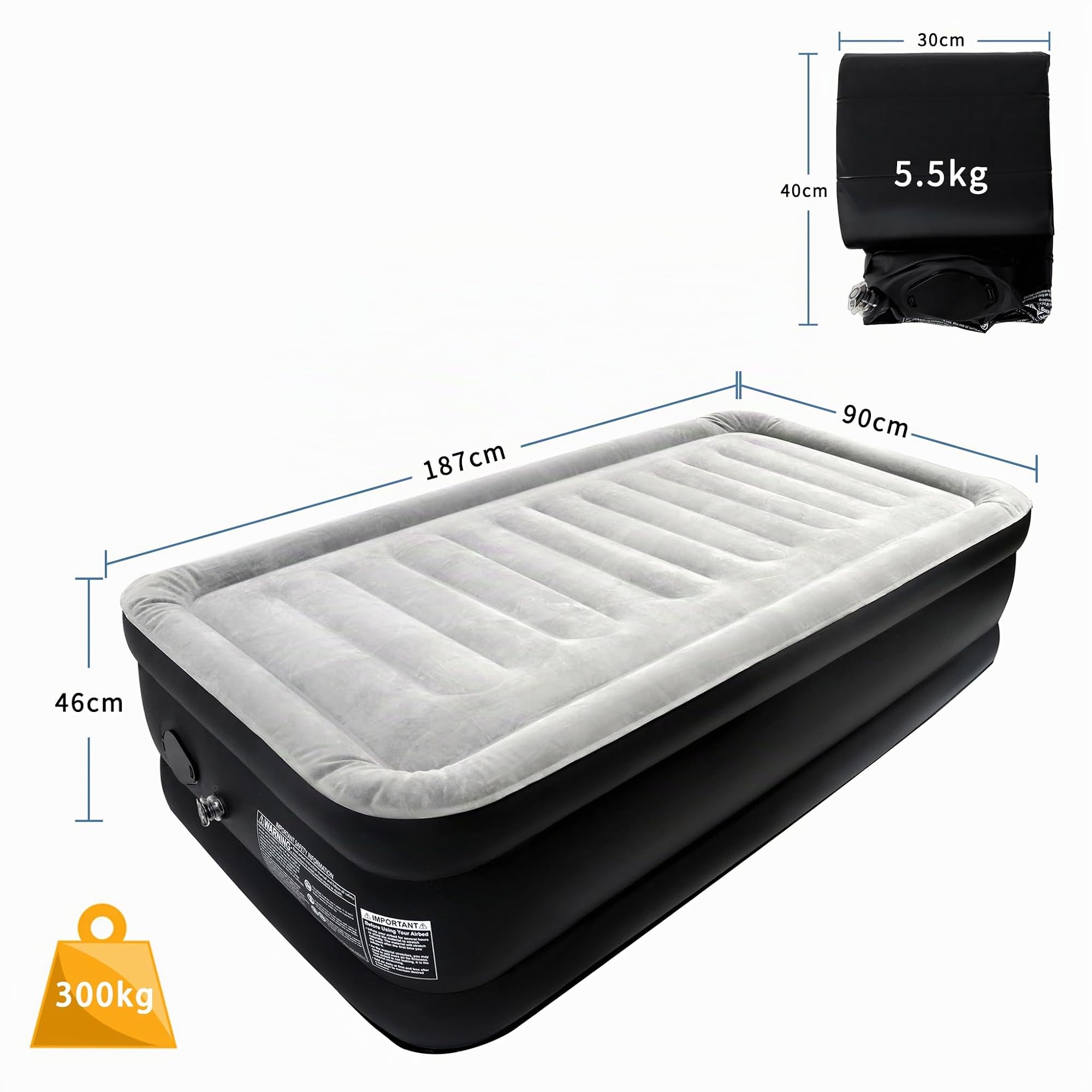 ACXIN Gästebett Aufblasbare Luftmatratze Matratze Luftbett Selbstaufblasend, inkl. Luftpumpe&Tragetasche für Camping/zu Hause, 187 x 90 x 46 cm Luftmatratze 1 Personen, Bis 300kg Schwarz Grau