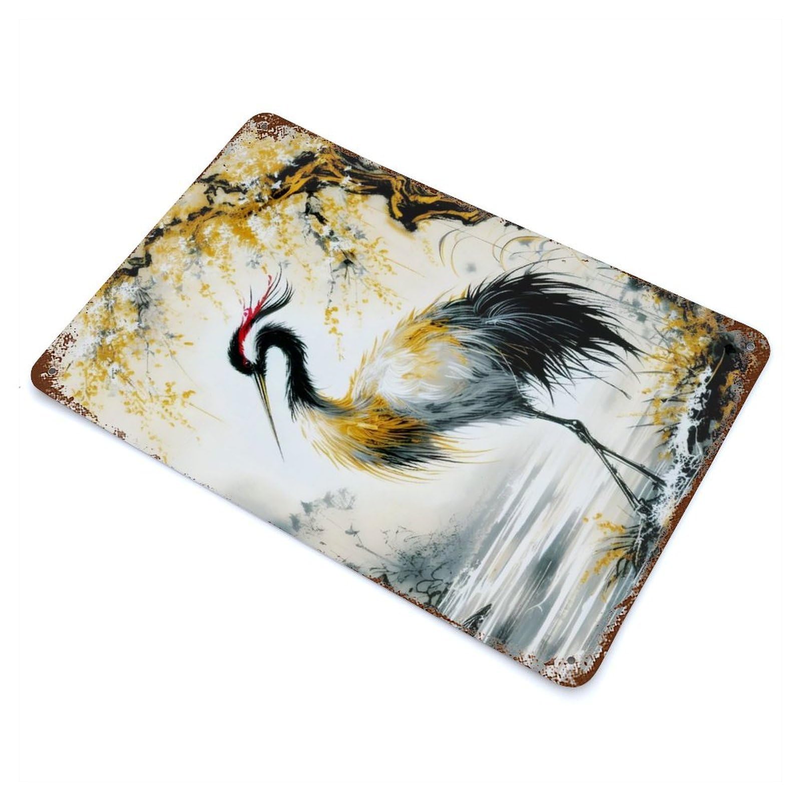 Garage Style Crane in Watercolors Aged Metal Wall Plaque 11.8"x7.9", Vintage Wall Decor for Bar And Workshop