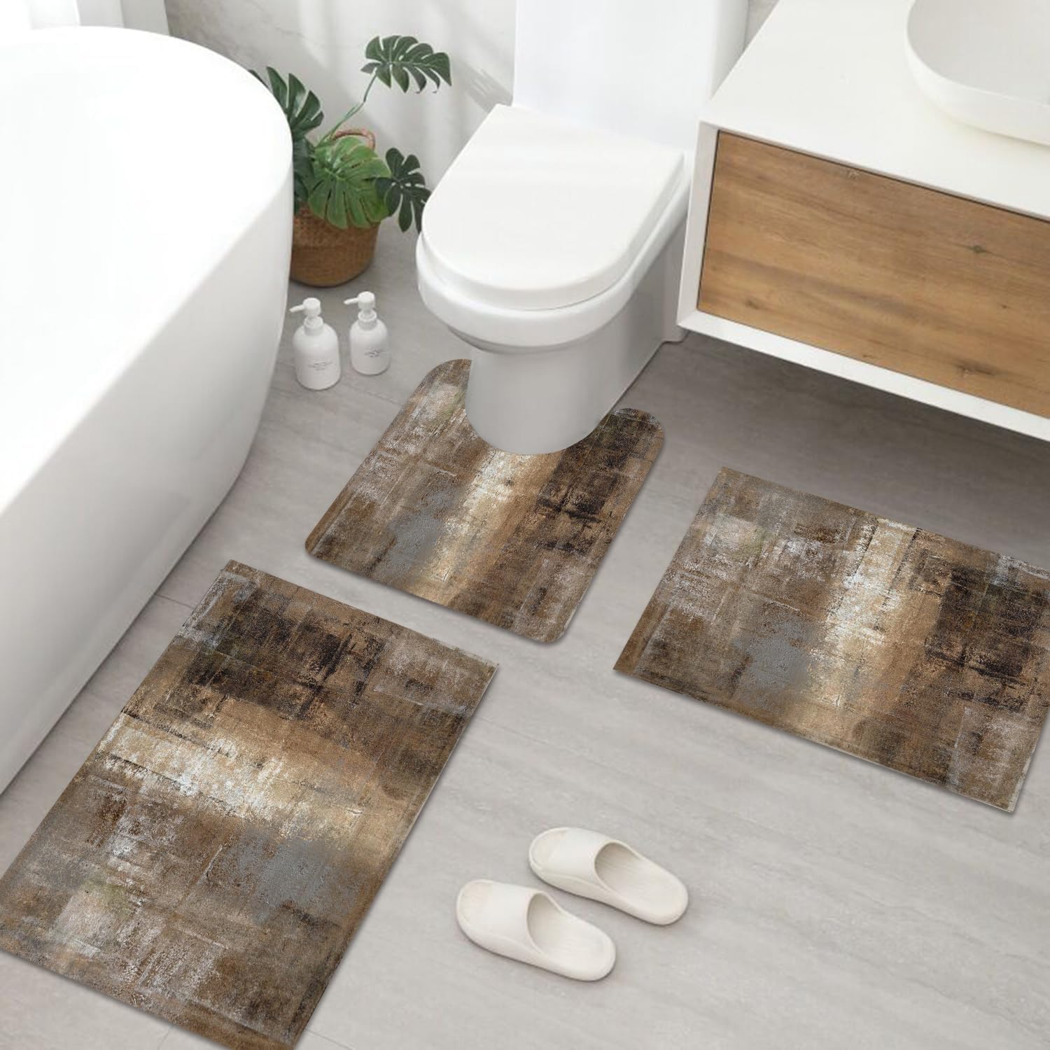 Grey Gold Marble Bathroom Mats Rugs Sets 3 Piece, Abstract Bath Mat Quick Dry Thin Rubber Back Diatomaceous Earth Rugs with U-Shaped Contour Toilet Mat for Bathroom Decor Floor Shower Room