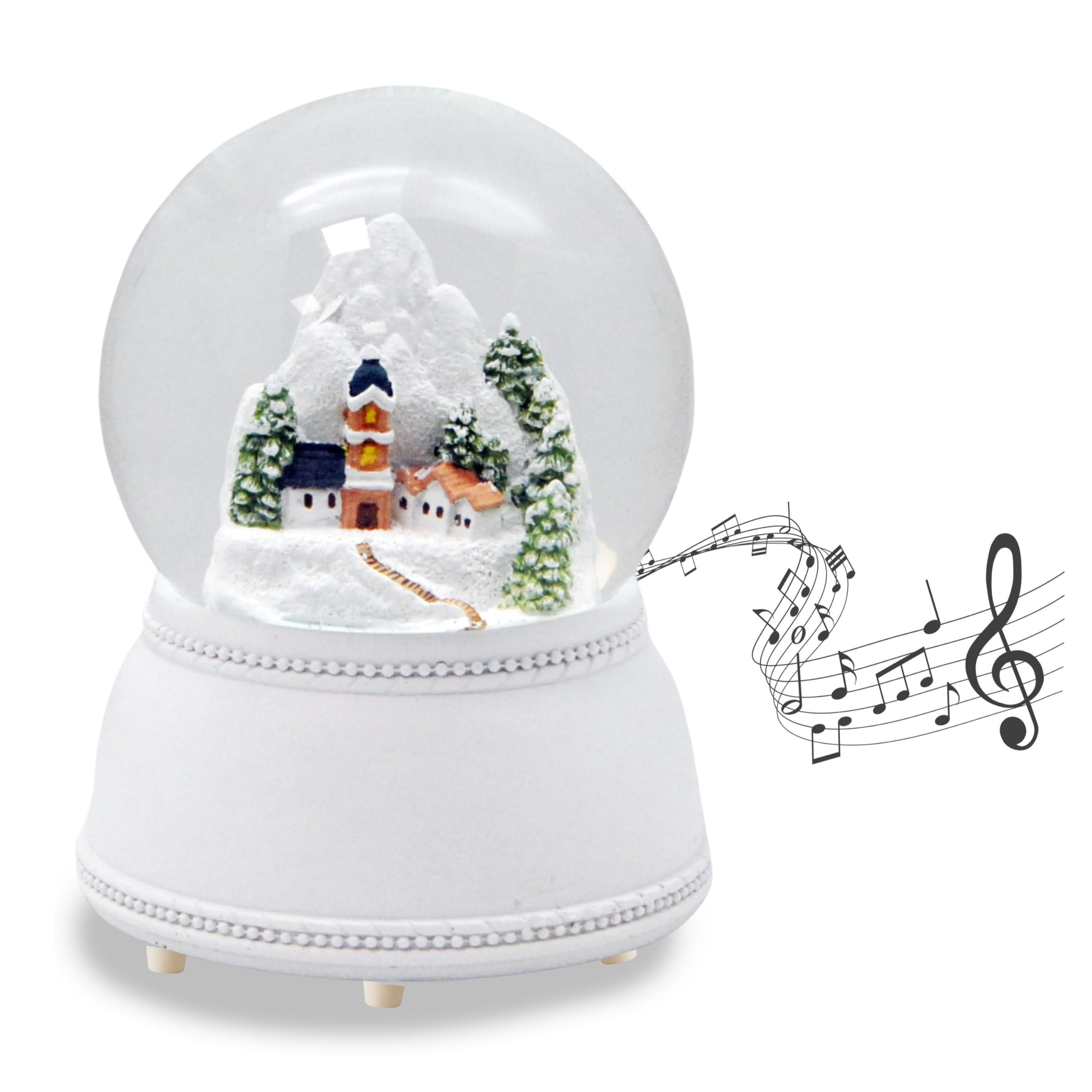 Schneekugel Bergdorf | Sockel weiß nostalgisch | mit Spieluhr | Schüttelkugel Weihnachtsdekoration | B: 10 cm H: 13 cm | 20252