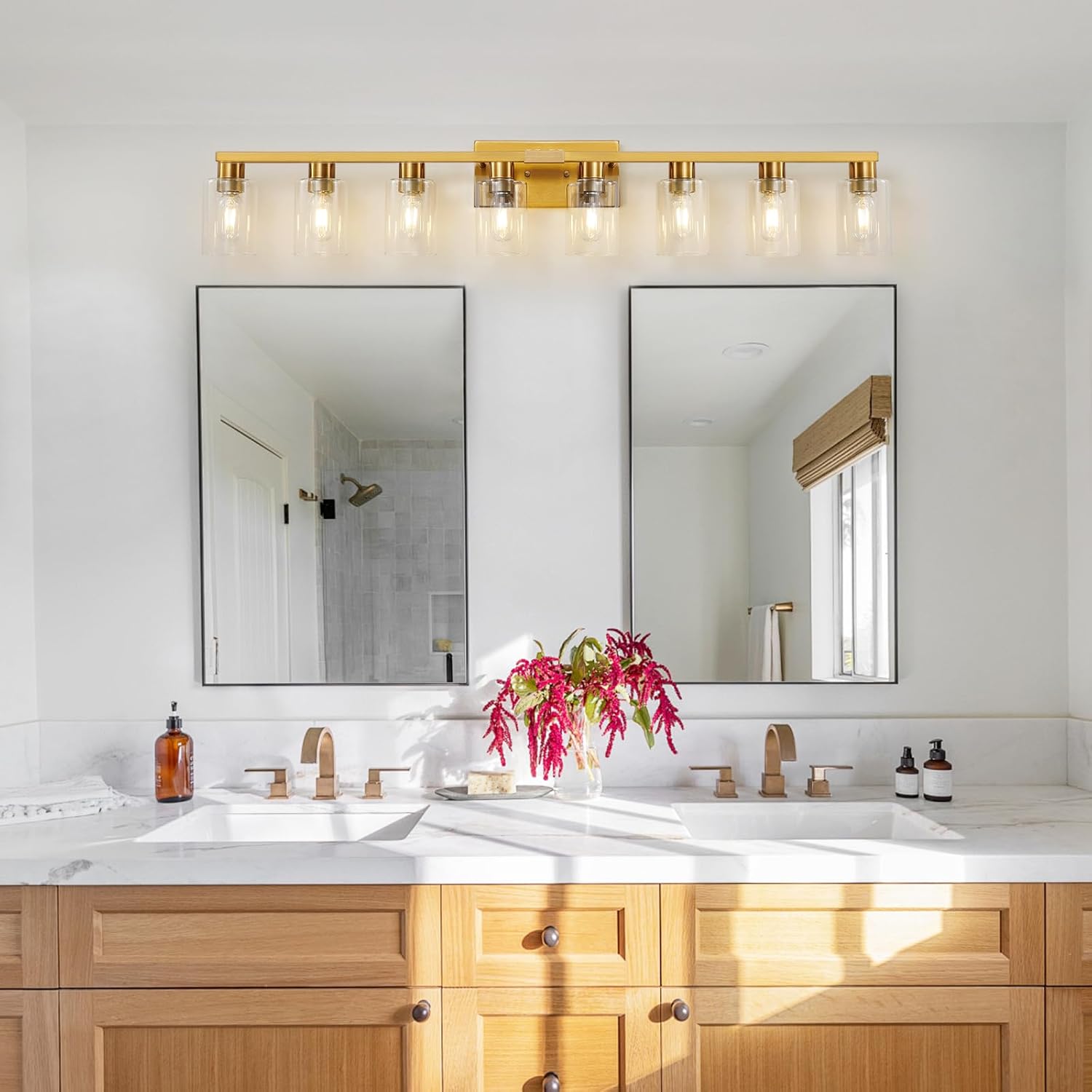 8 Light Bathroom Vanity Light Gold Bathroom Light Fixtures Brass Vanity Lights for Bathrrom 46 in Large Wall Sconce Brush Gold with Clear Glass Shade for Living Room 8 Light Gold