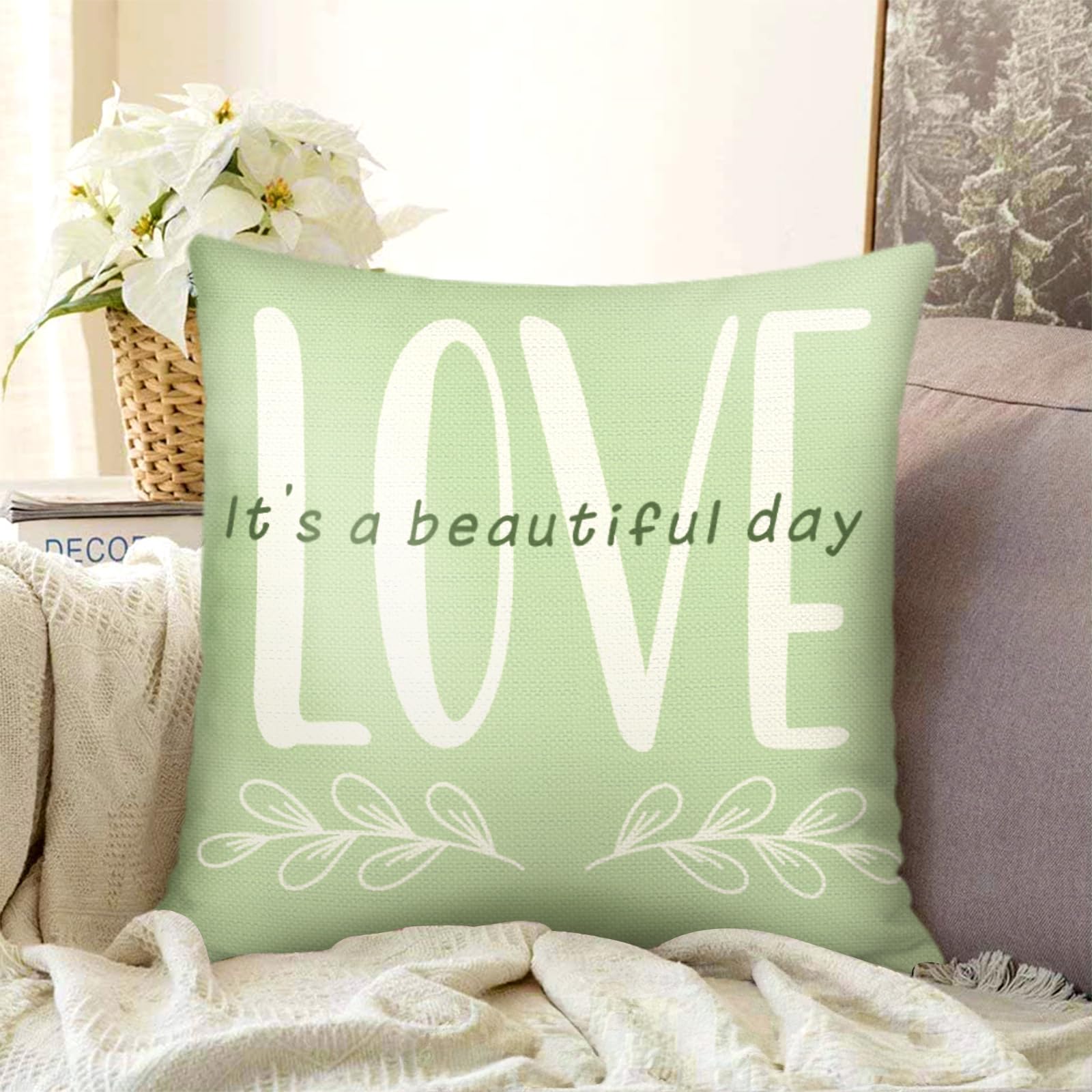 Bonhause 4 Federe Per Cuscini 45x45 Cm Con Foglie: Copricuscini Decorativi In Poliestere, Verde Botanico, Con Cerniera, Per Divano E Letto