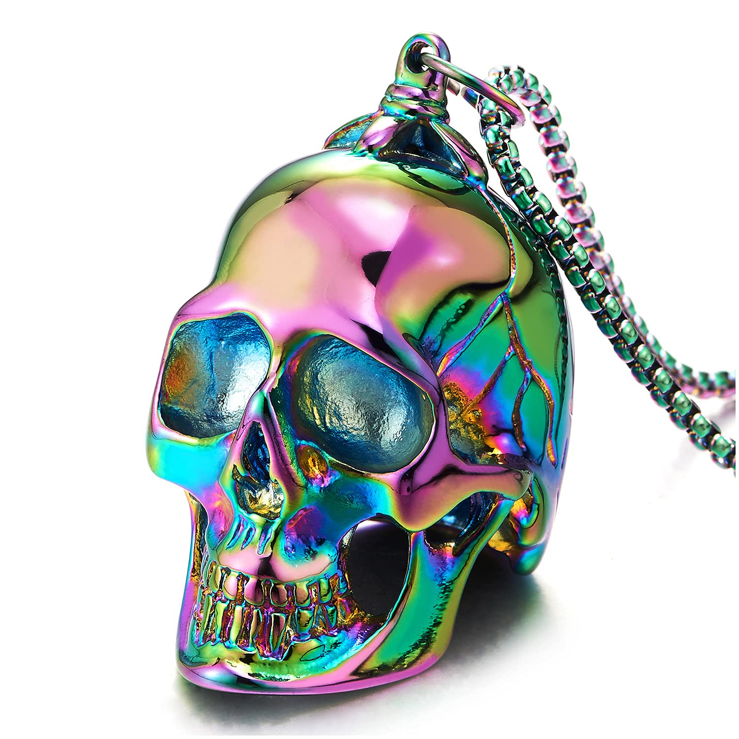 Large Stainless Steel Skull Pendant Necklace for Men High Polished with 30 Inches Wheat Chain