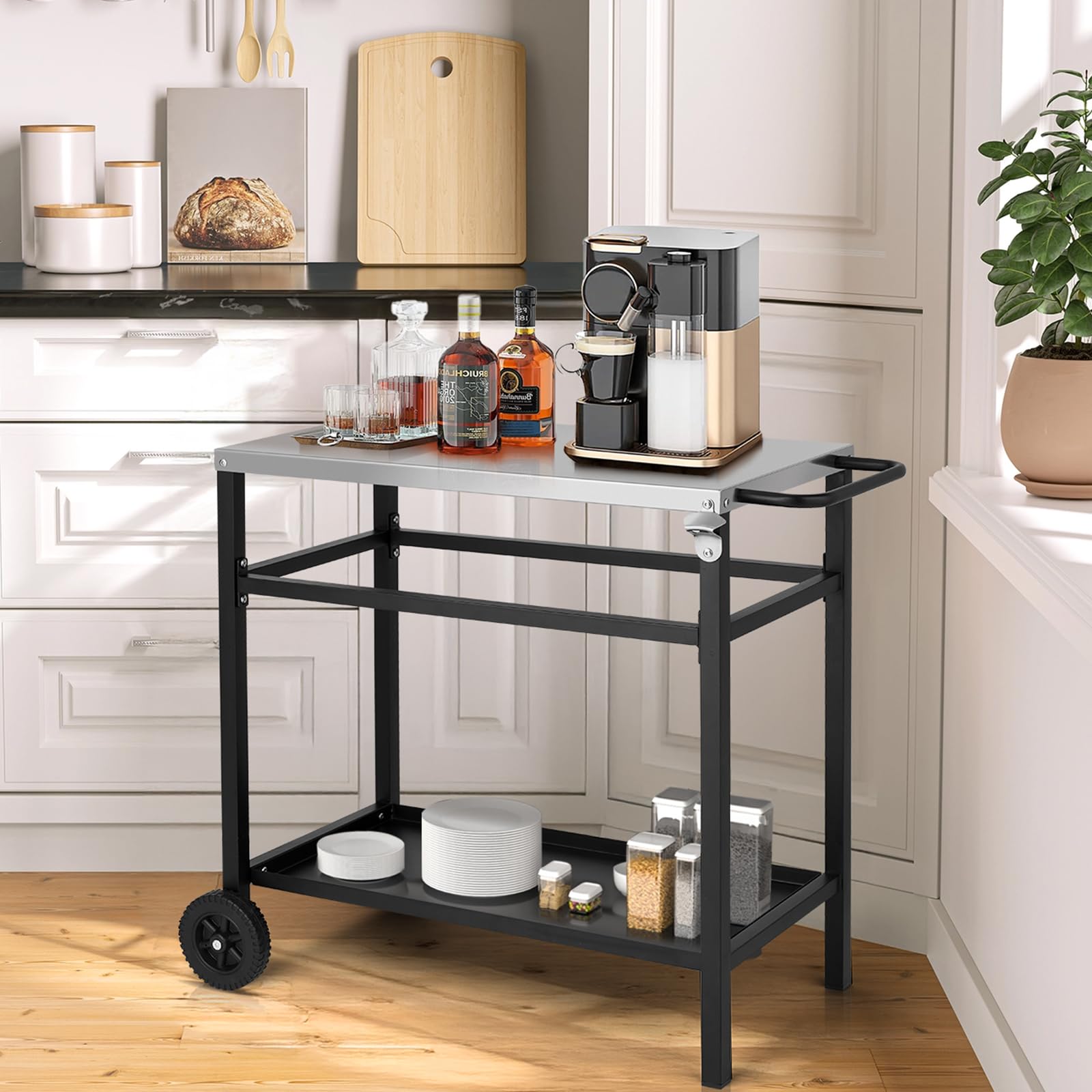 LEADZM Grillwagen - Grilltisch Outdoor, 95 x 45 x 83 cm, Schreibtisch aus Edelstahl Silber, Mit Rädern, mobil, Servierwagen für Gärten Schwarz
