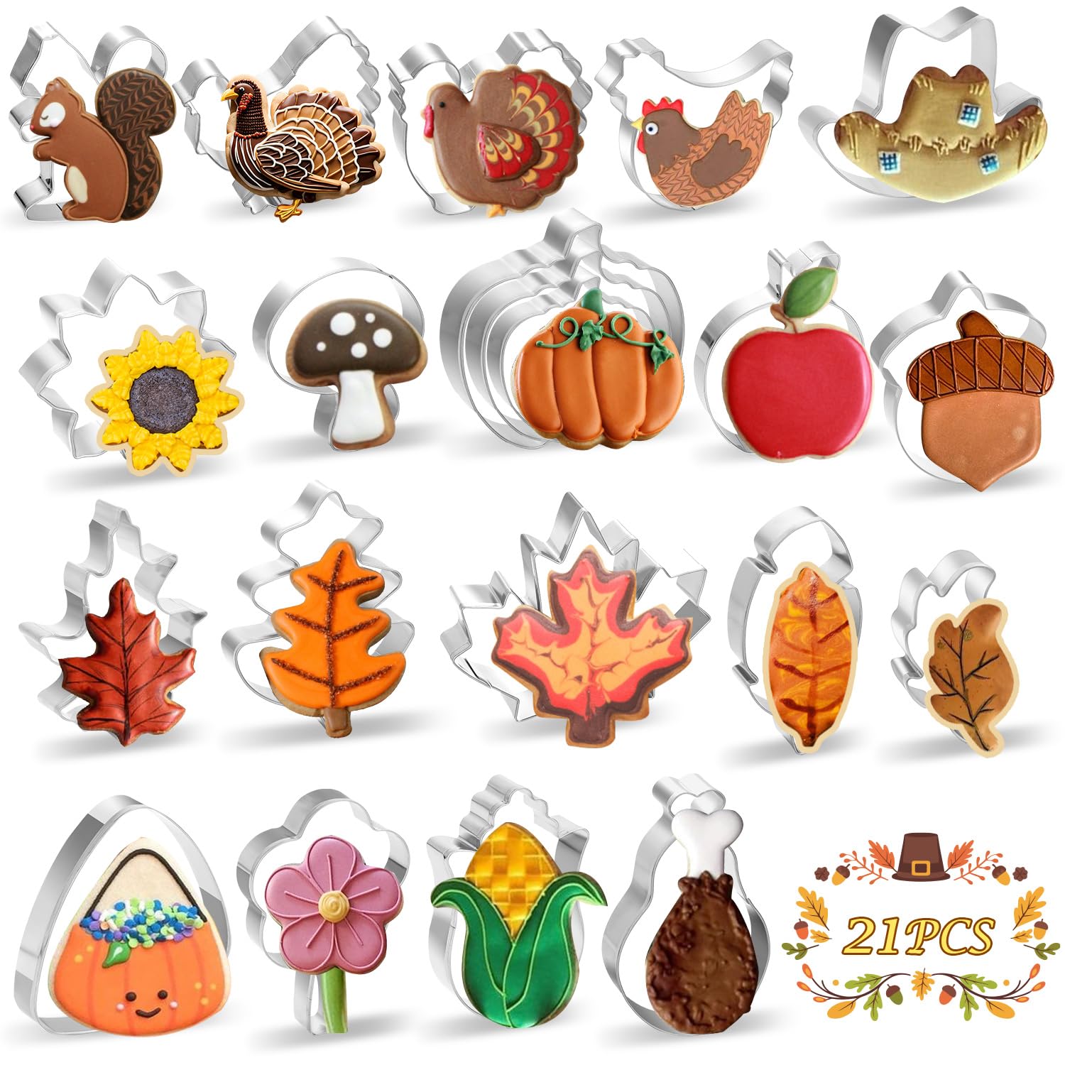 Juego de cortadores de galletas de Acción de Gracias, 21 piezas de acero inoxidable, cortadores de galletas de otoño, formas de pavo, calabaza, hoja de arce, ardilla, bellota, hongos, caramelos, maíz,