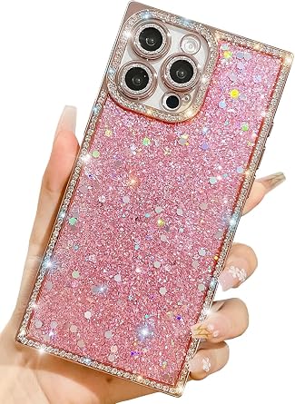 Trendy Girly Glitter Powder Compatible with iPhone 15 Pro Max Rectangle Case, Elegent Cute Slim Women Bling Diamond Rhinestones Plating Phone CasesRose Gold,15 Pro Max
