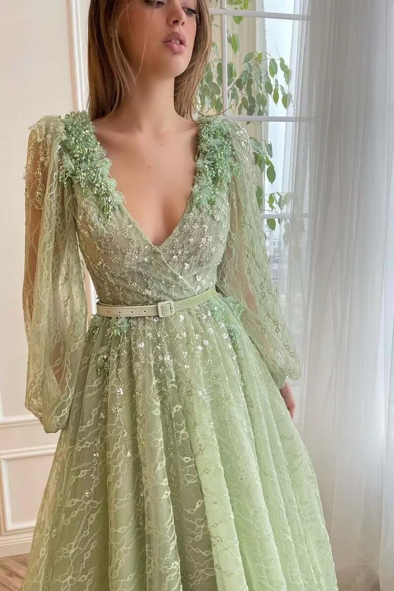 Dream Wedding Deep V Neck Prom Dress Puffy Sleeves A Line Lace Appliques V Back Formal Evening Gowns with Train Belt DR0401