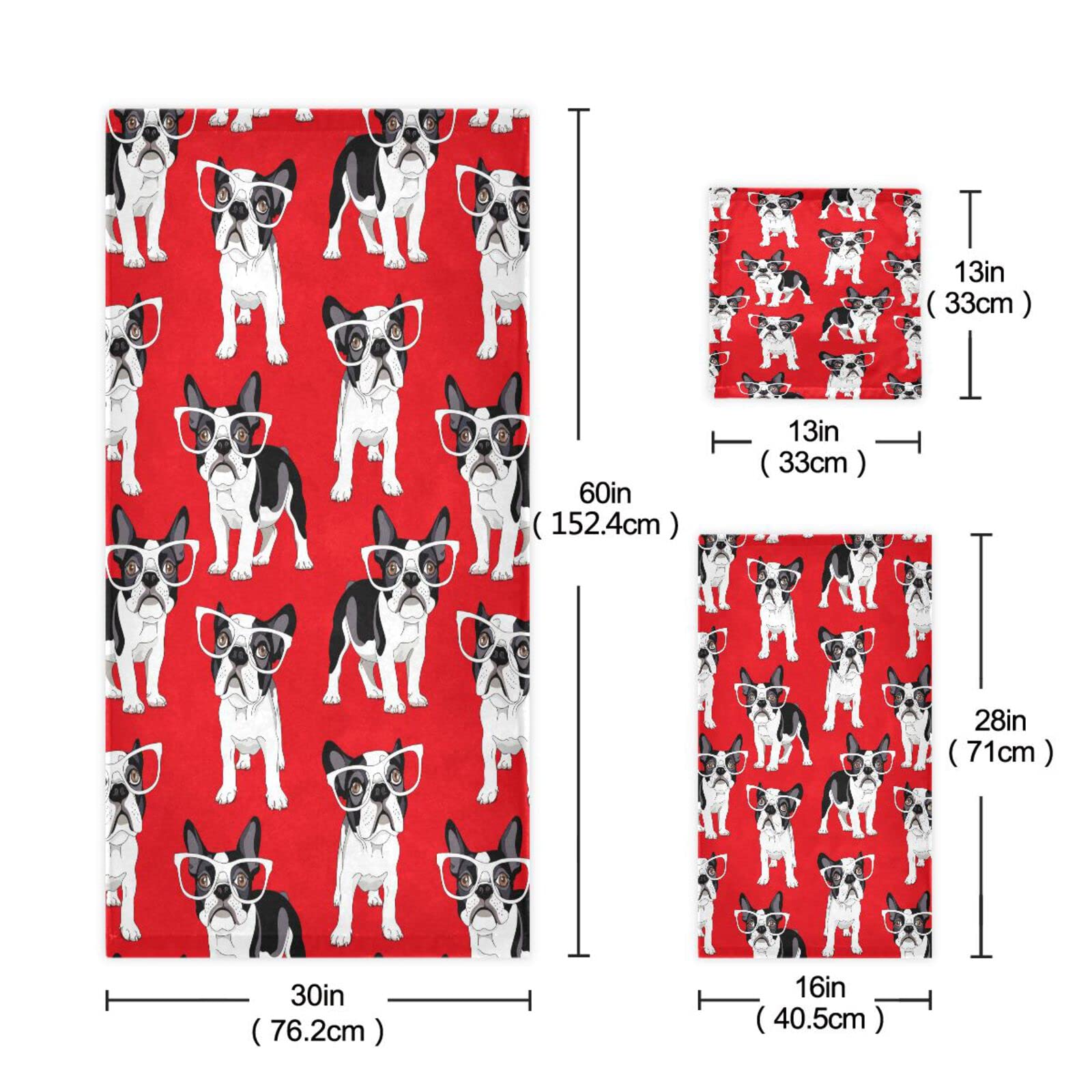Perro Pug Guay Rojo Juego de Toallas para Baño Playa 100% Algodón de Piscina Toalla (1 Toalla de Baño y 1 Toalla de Mano y 1 Paño de Lavado) para Nadar Hotel Niñas Niños Niños