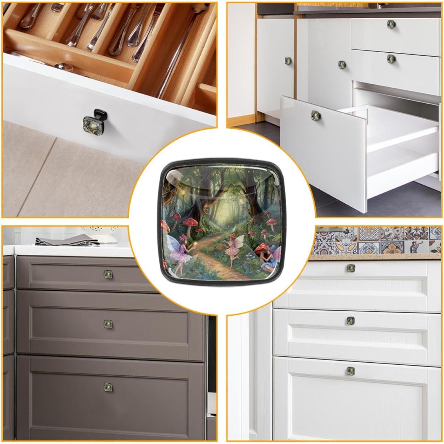 4 Pack 30mm Square Kitchen Cabinet Knobs Drawer Dresser Pulls, Forest Fairy Mushroom Door Handles