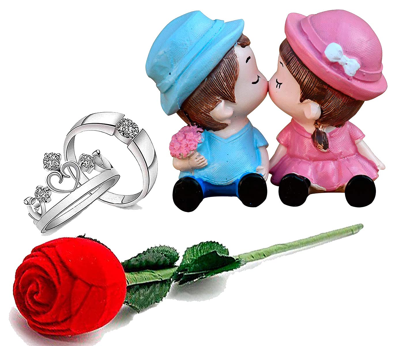 Valentine Gift for Girlfriend, Boyfriend - Combo Gift of Red Rose Ring Box with Couple Rings, Kissing Couple Showpiece - Love Gift - Birthday - Anniversary Gift-image-23