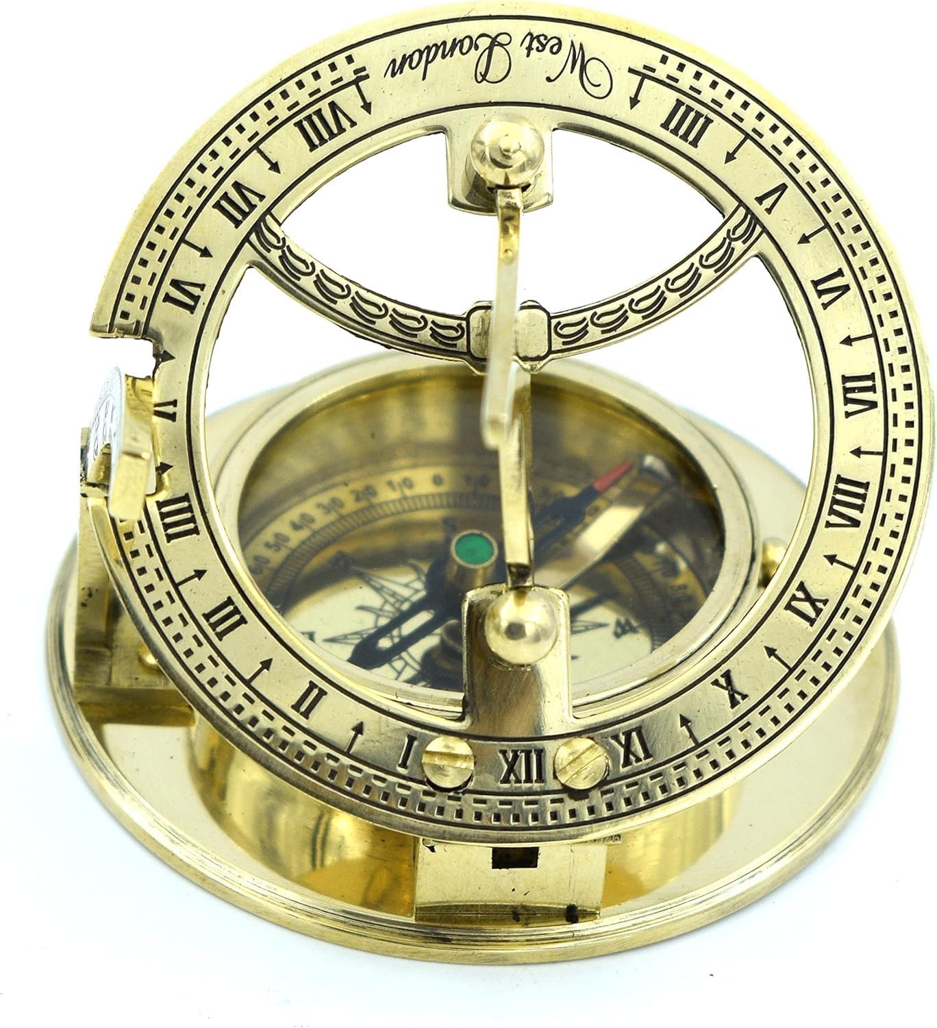 Antique Brass Sundial Compass with Box – Vintage Nautical Sun Clock | Ship Replica Decorative Gift