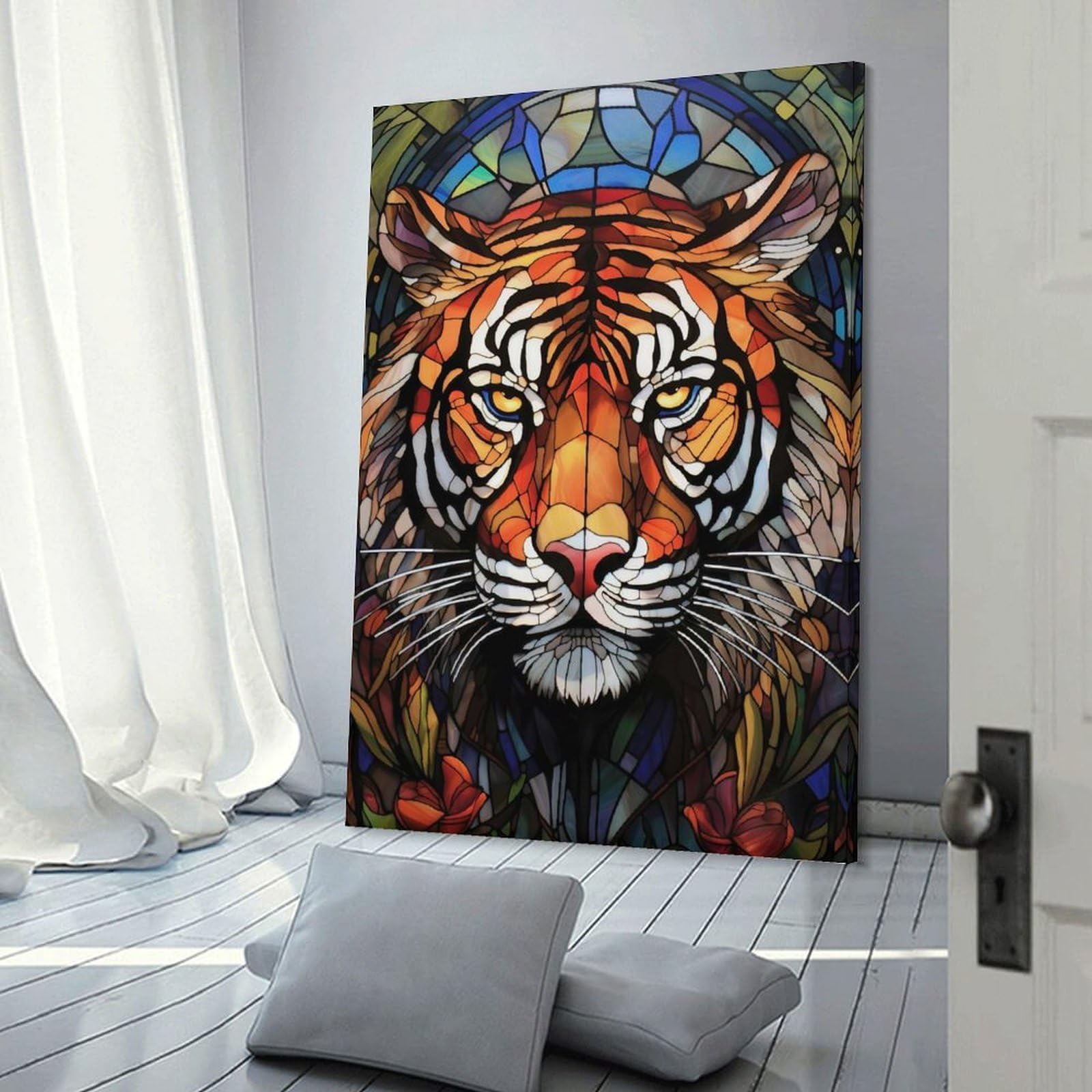 Junmoney Room Decor Wall Art Stained Glass Tiger Portrait, 20x30inch(50x75cm), for Living Room, Lounge Or Sitting Room, Canvas Styling for A Polished Room Look