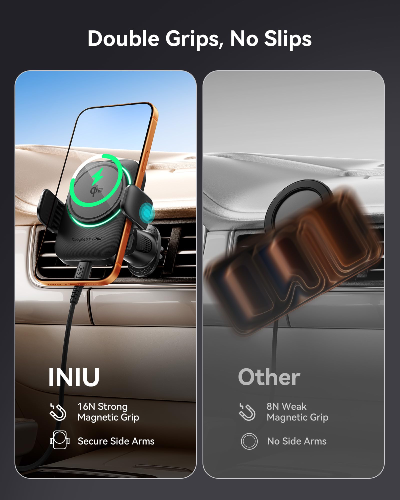 INIU Cargador inalámbrico para coche, certificado Qi2, soporte de teléfono para Magsafe, cargador magnético de carga rápida de 15 W para salpicadero, accesorios de coche, rejilla de ventilación para